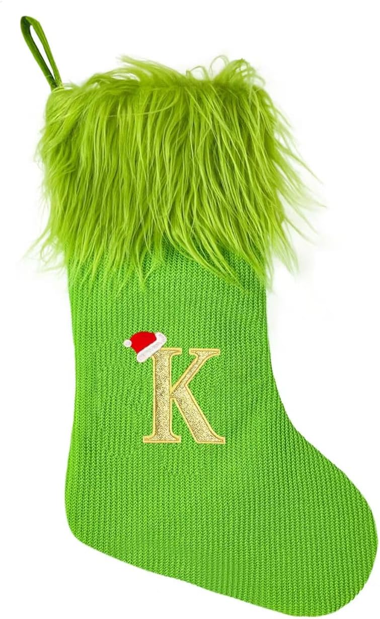 18 Inches Monogram Christmas Stockings, Green Knitted Xmas Stocking with Faux Fur Initial Embroidered Personalized Christmas Stockings Large Soft Stocking Decorations for Holiday Xmas Season Gift (K)