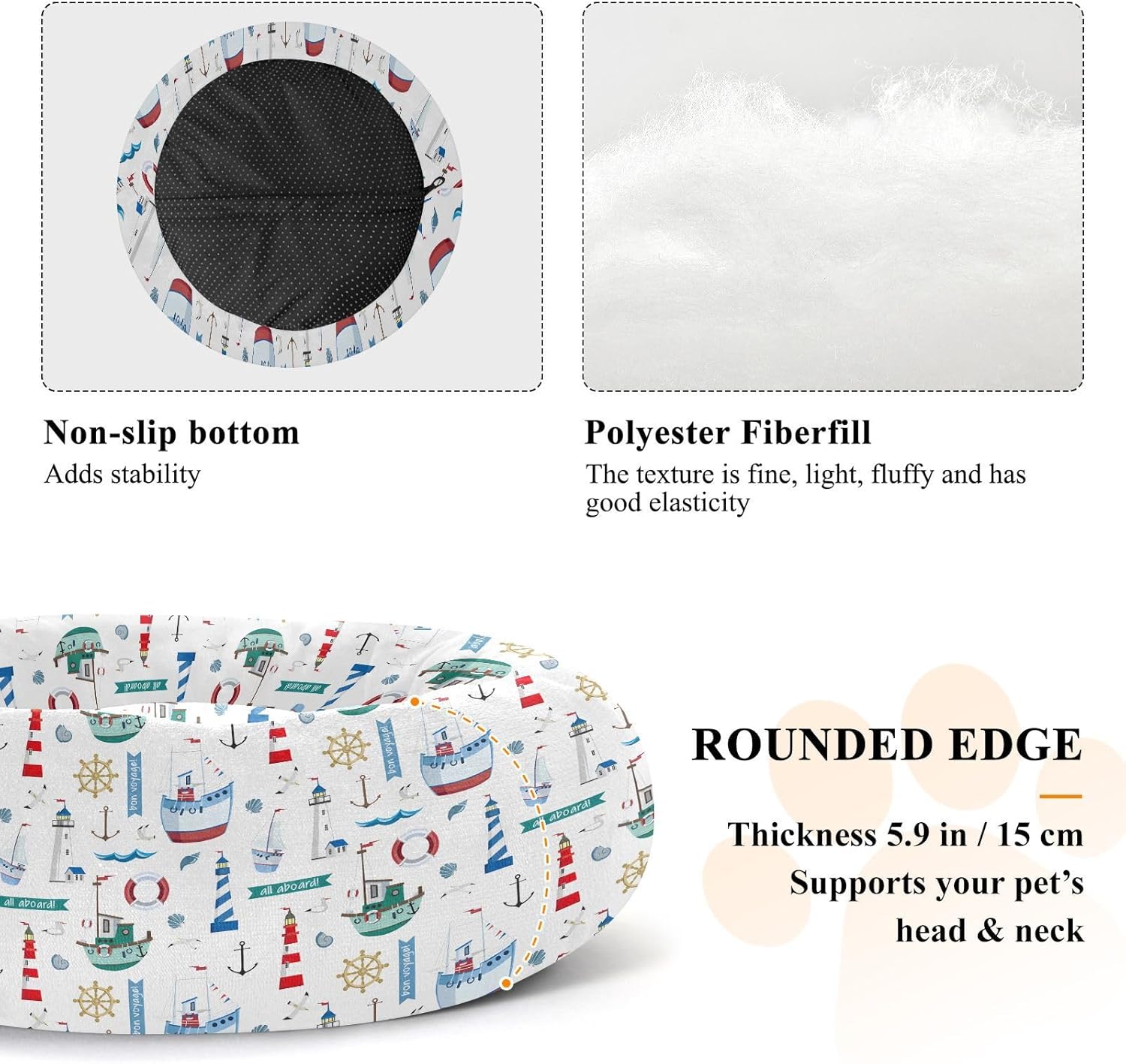 Pet Dog Beds Anxiety Relief Fluffy Cat Pillow Bed for Medium Size Pets Sleeping M Lighthouse Anchors