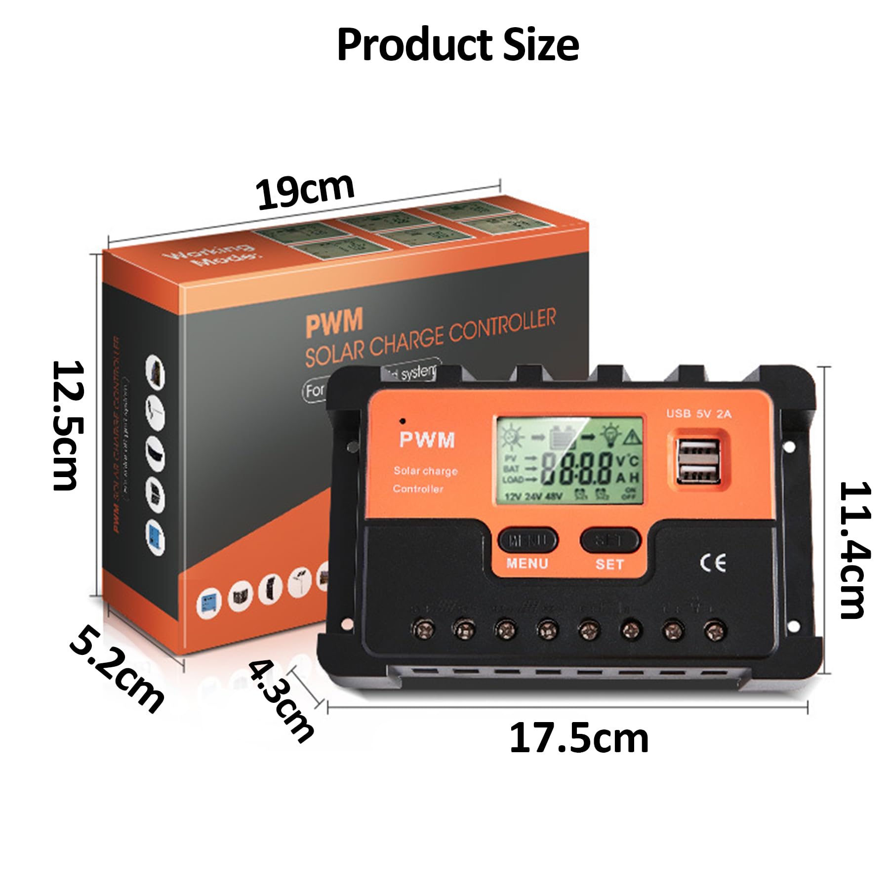 PWM 60A Contrôleur de Charge Solaire 12V 24V 48V Identification Automatique, 60A Régulateur Charge Solaire avec Affichage Rétroéclairé Capteur Température, pour Plomb Acide Batterie lithium Batterie