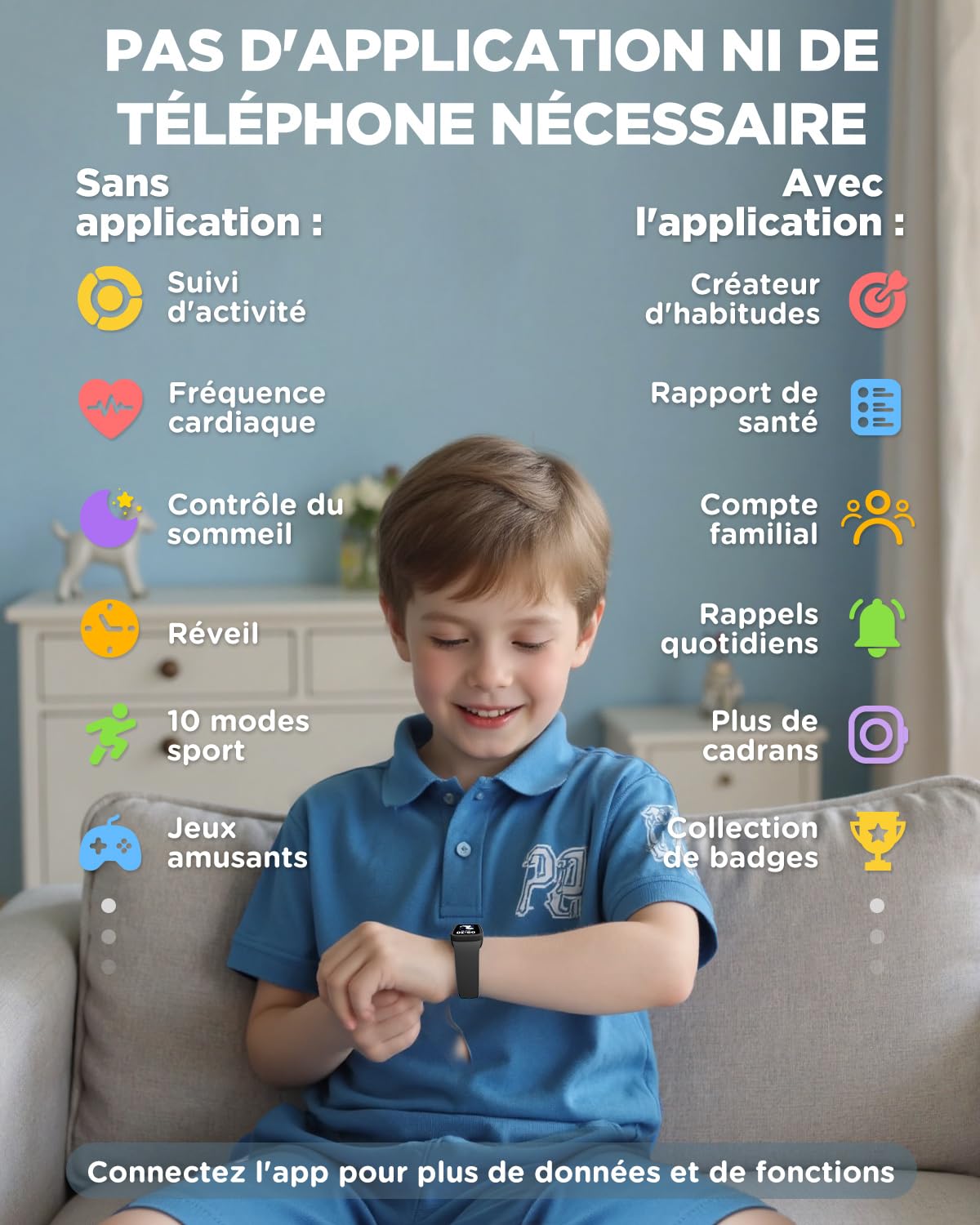 BIGGERFIVE Vigor 3 Montre Connectée Enfant Tracker d'Activité Écran AMOLED Étanche 3ATM Moniteur Fréquence Cardiaque Sommeil Noir