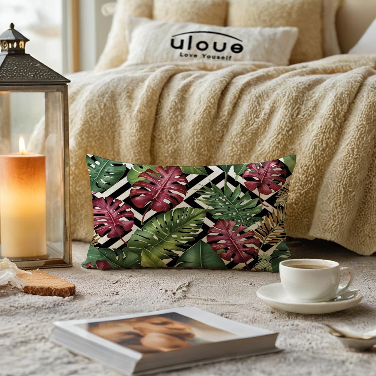 ULOVE LOVE YOURSELF 2Pack Tropical Leaves Throw Pillow Cover with Geometric Background Green Burgundy Monstera Palm Decorative Lumbar Cushion Covers Summer Home Modern Decor Pillowcase 12 X 20 Inch image 2
