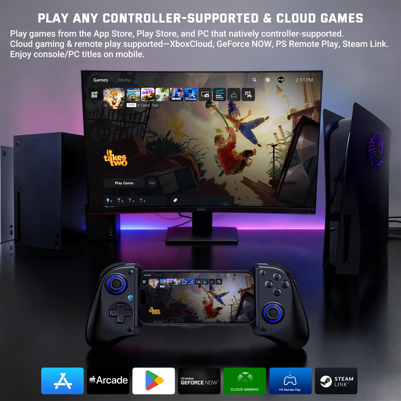 Joso Controller mobile Cloud Gaming per iPhone 16/15/14, iPad, Tablet, Android/PC/Switch/Gamepad Joystick con funzione turbo, streaming su PS4/Xbox/PC, effetto hall, nero