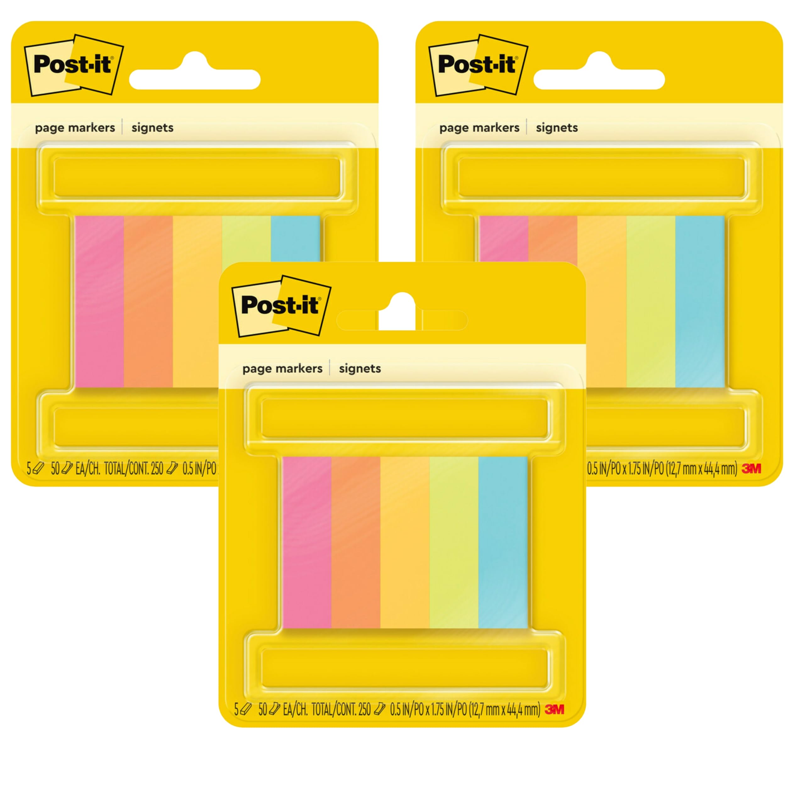 Post-it Page Markers Sticky Tabs, 1/2 in x 1 3/4 in, Assorted Fluorescent Colors, 5 Pads (50 Sheets Each), 3-Pack (750 Tabs Total)