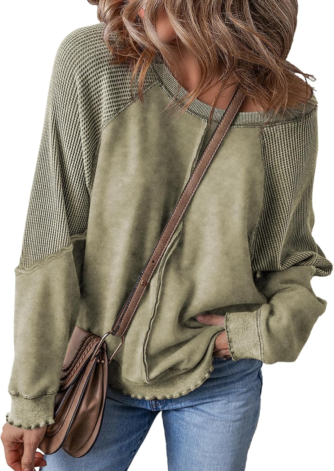 SHEWIN Womens Oversized Off The Shoulder Sweatshirt Casual Crewneck Long Sleeve Reverse Seam Waffle Knit Tops