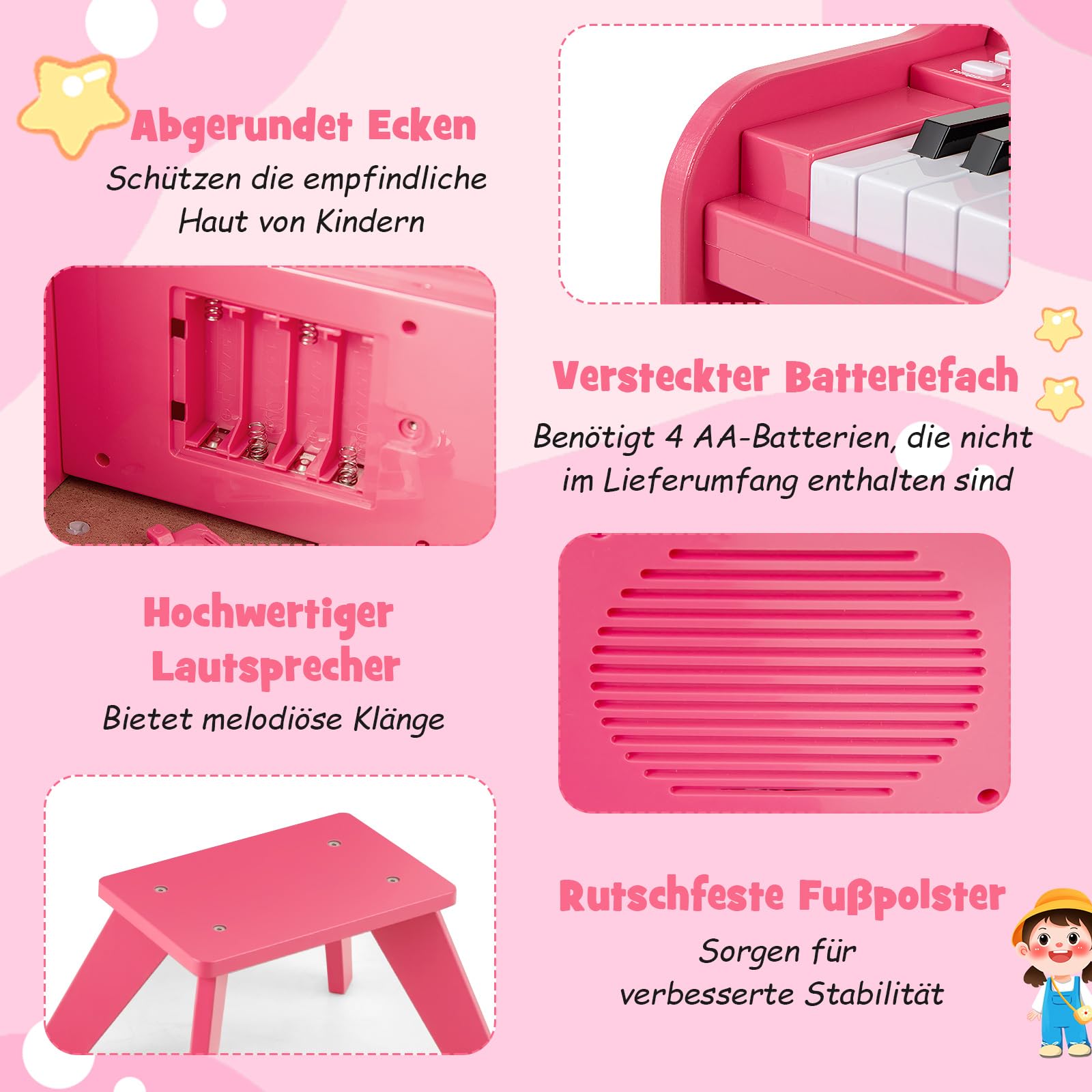 COSTWAY 25-Tasten Keyboard Kinder, elektronisches Kinderklavier mit Hocker, verstellbarem Mikrofon & Notenständer & Lehrmodus , Kinderpiano Klaviertastatur für Kinder ab 3 Jahren (Rosa)