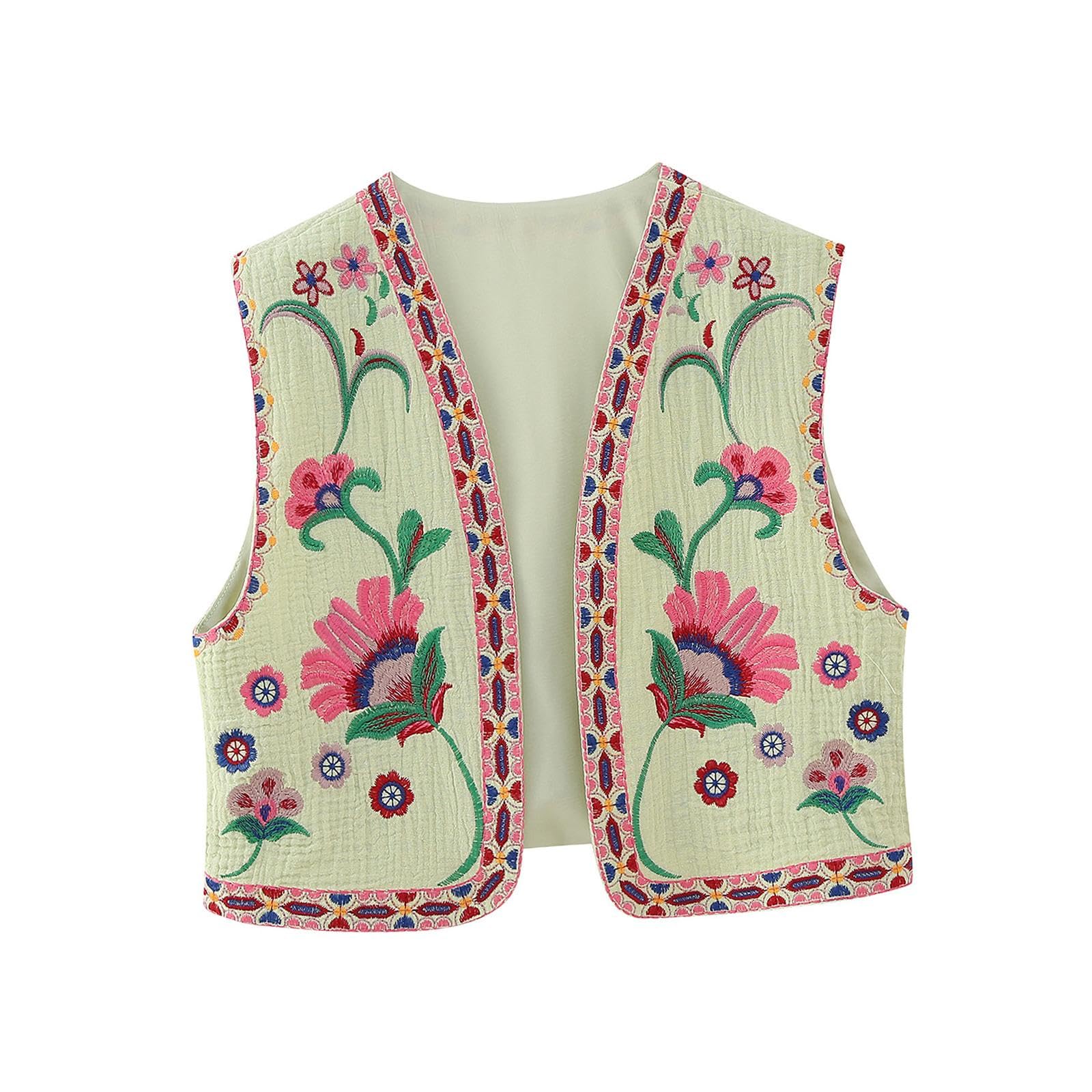 Merishopp Women Floral Embroidery Vest Open Front Jacket Vintage Style Female Crop Top L Multicolor1 Women Floral Embroidery Vest|Coats & Jackets| Womens Clothing |Clothing Shoes & Accessories