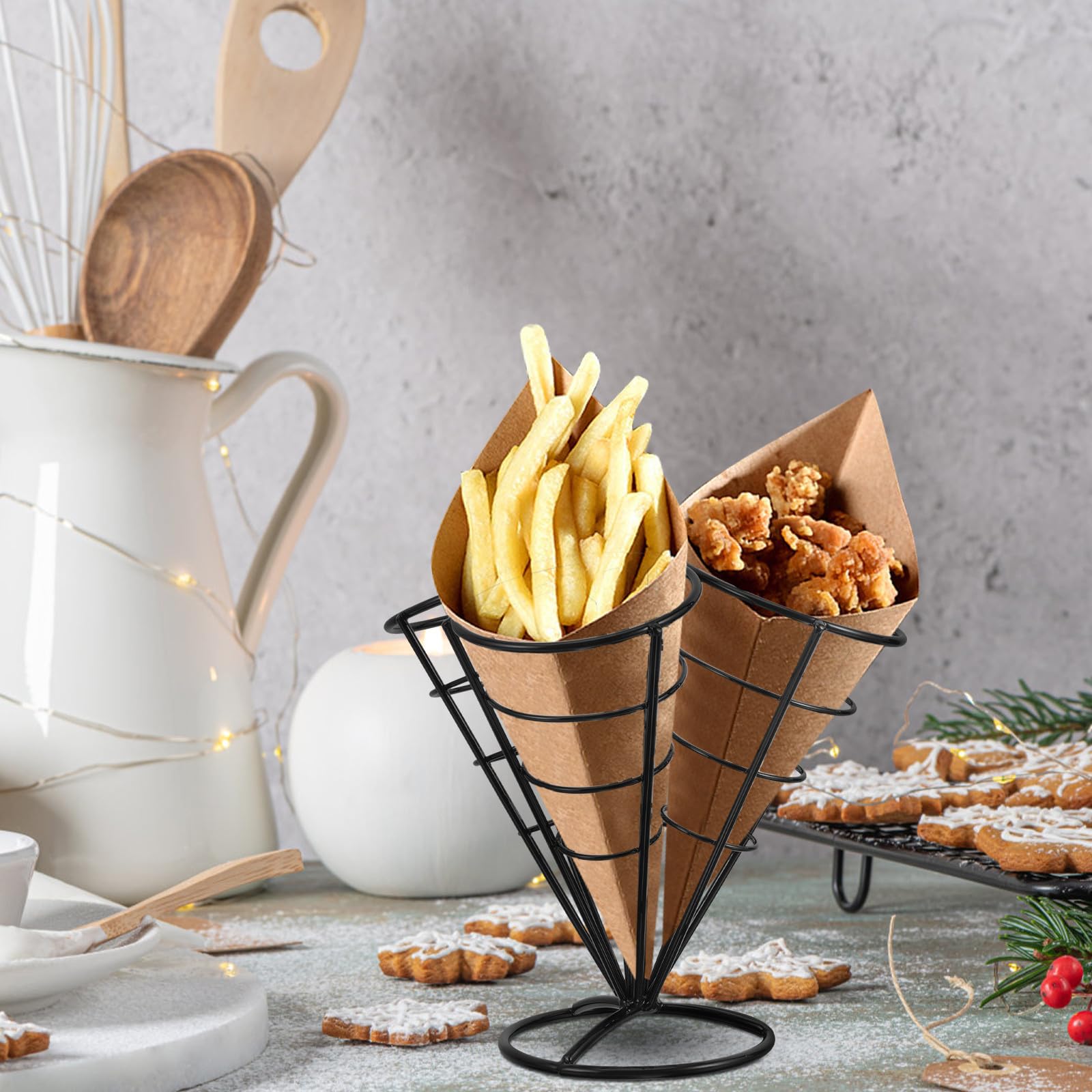 INOOMP Soporte para Papas Fritas de Acero Inoxidable, Cesta Negra Brillante 4 Orificios para Snacks y Aperitivos, Adecuado para Servir en Casa, Cafeterías y Fiestas, Porta Bocadillos
