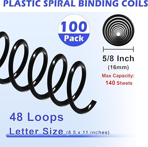 Miniatura 2 de TOTiyea Paquete de 100 bobinas de encuadernación en espiral de plástico, espirales de encuadernación de 0.630 in (58 pulgadas), capacidad de 140