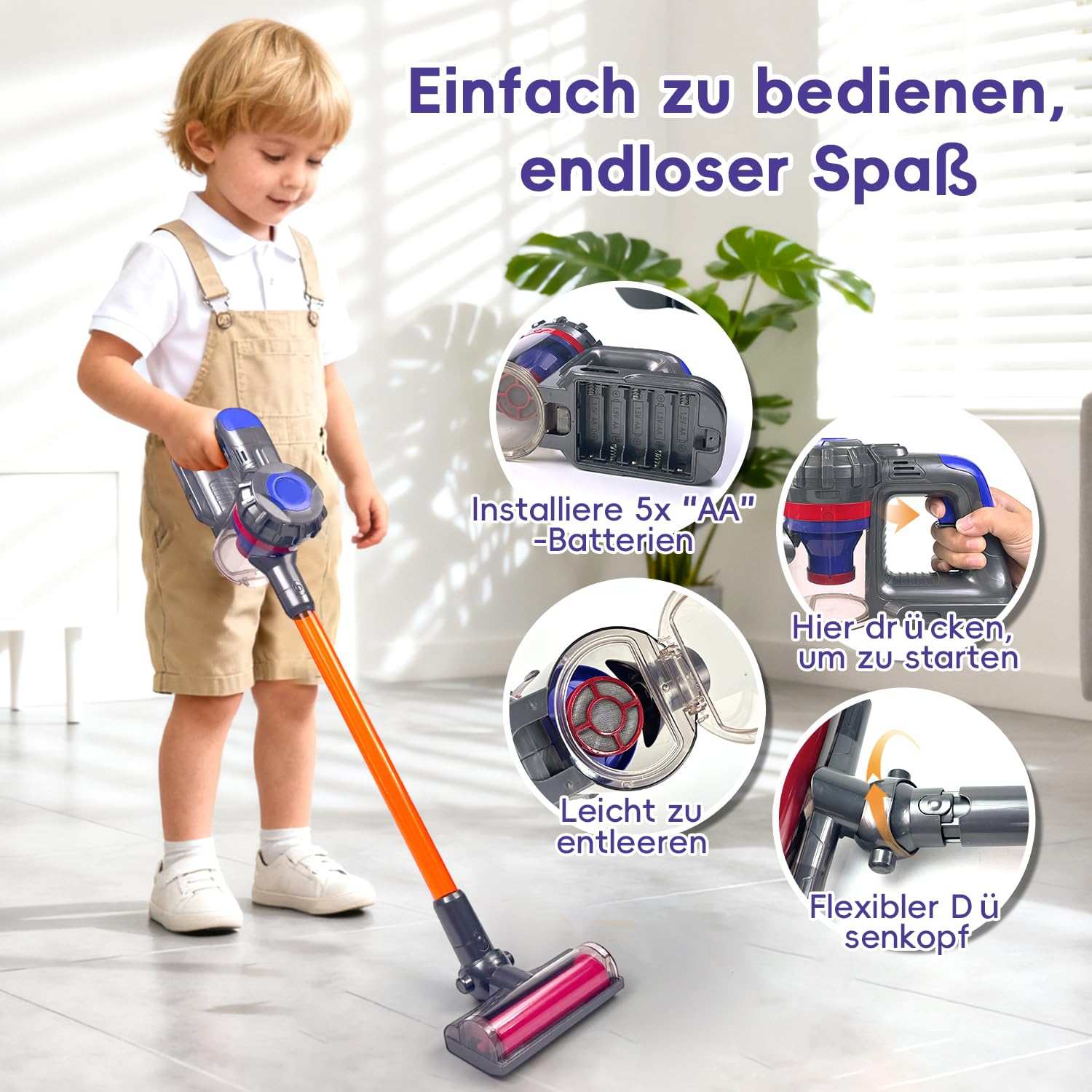 VARANO 3-in-1 Kinderstaubsauger mit echter Saugfunktion – Kinder Staubsauger mit Saugleistung, realistisches Rollenspiel & Montessori Lernspielzeug für Jungen & Mädchen ab 3 Jahren (Rot/Violett)