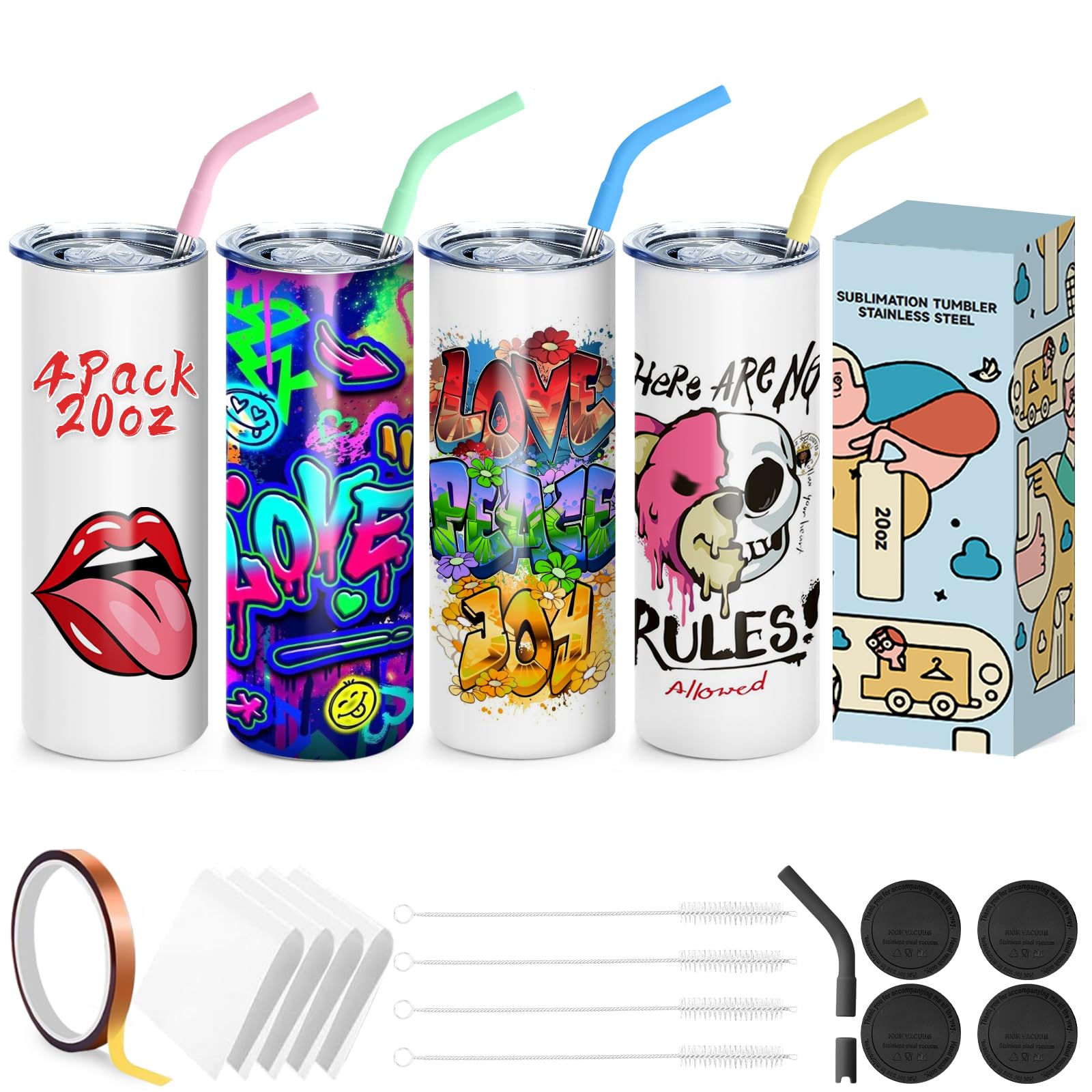 20oz Sublimation Tumbler, 4 Sublimation tumblers, 20oz Tumbler with Straw and lid