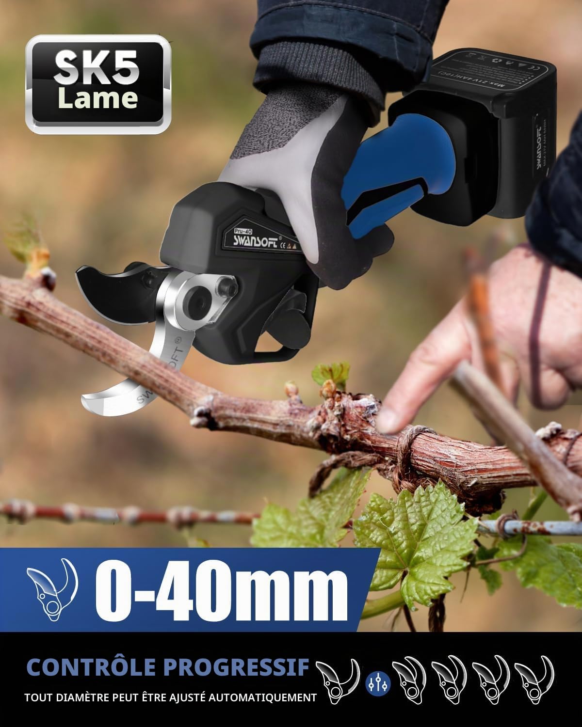 SWANSOFT PRU40 Secateur Electrique Professionnel,40mm 21V 4AH Batterie Sécateur Électrique Sans Fil,1050W Moteur Sans Balais,Écran LCD,Secateur Electrique sans Fil pour Jardinage,Vergers,Vigne