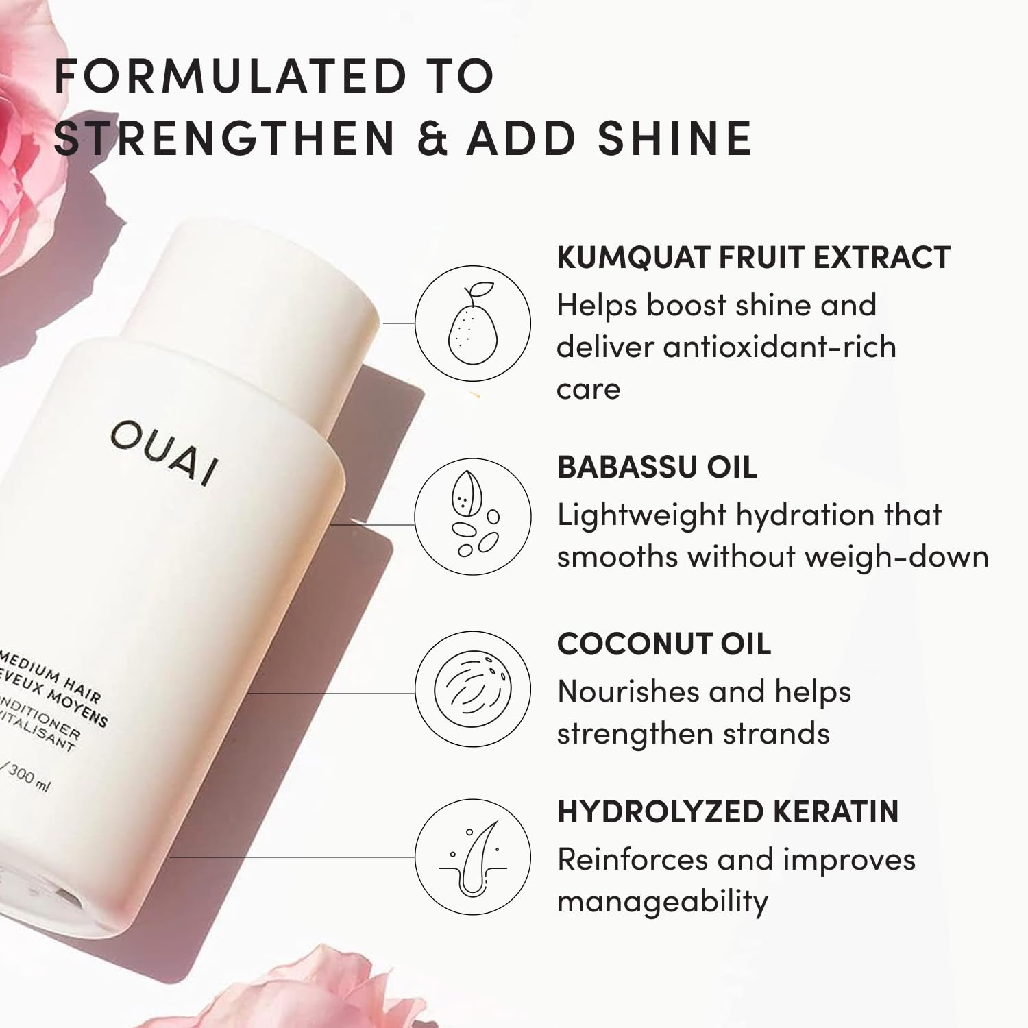 Ouai OUAI Ensemble shampoing + après-shampooing moyen – Nourrit avec des huiles de babassu et de noix de coco, renforce avec de la kératine et ajoute de la brillance avec de l'extrait de kumquat – San