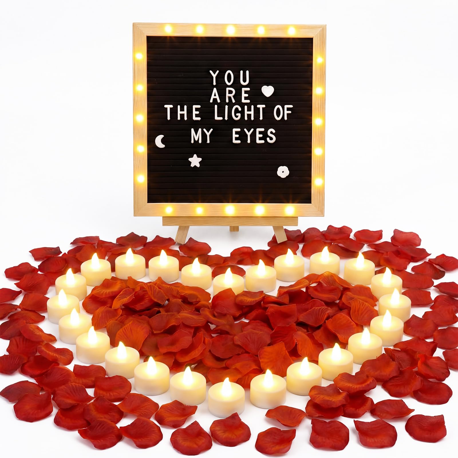 El juego de decoración romántica incluye tablero de letras de fieltro LED, 24 velas de té sin llama y 1000 pétalos de rosa artificiales para propuestas, aniversarios, bodas, anuncios de