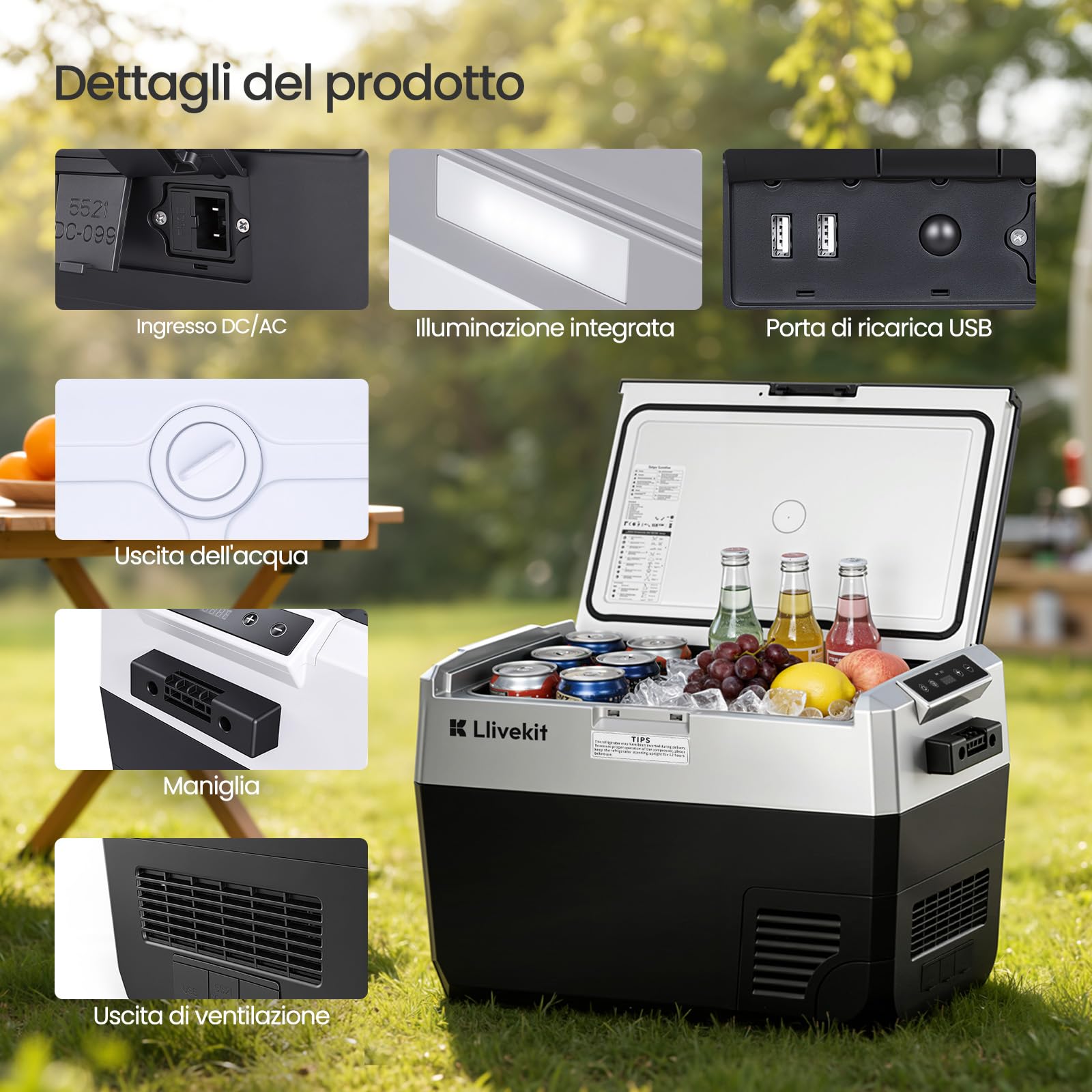 LLIVEKIT 40L Frigorifero Piccolo, Frigo Portatile per Auto con LED | 12/24/100-240 V, Temperatura Regolabile -20~20 °C, per Viaggio, Picnic, Campeggio, Casa, Nero