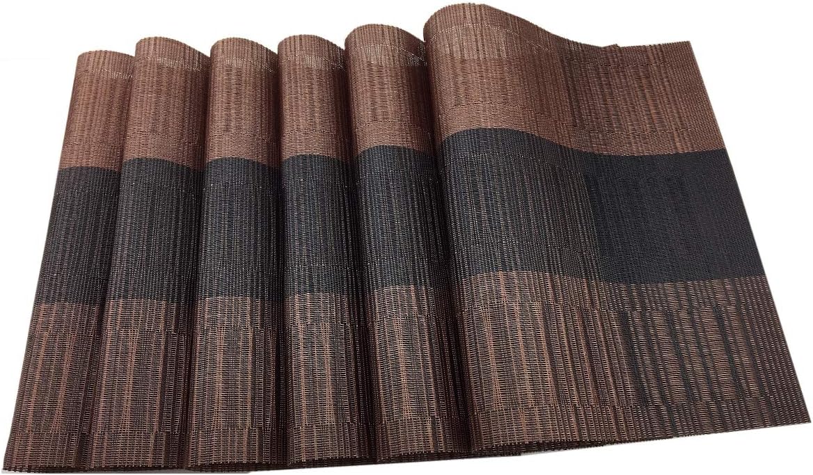 Exquisite Placemats Set of 6 Woven Vinyl Placemat for Dining Table Heat Resistant Wipe Clean (6, Ombre Coffee Black)