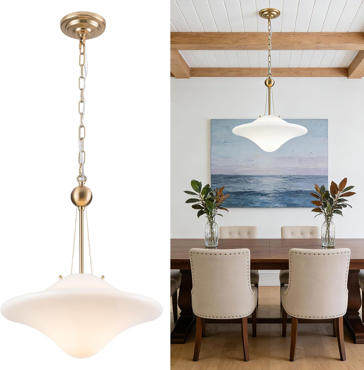 100" High Chandelier with Milk Glass, Vintage Copper Color Pendant Light Fixture, Adjustable Chain for Kitchen Island, Dining Room, Hallway, Bedroom, Foyer