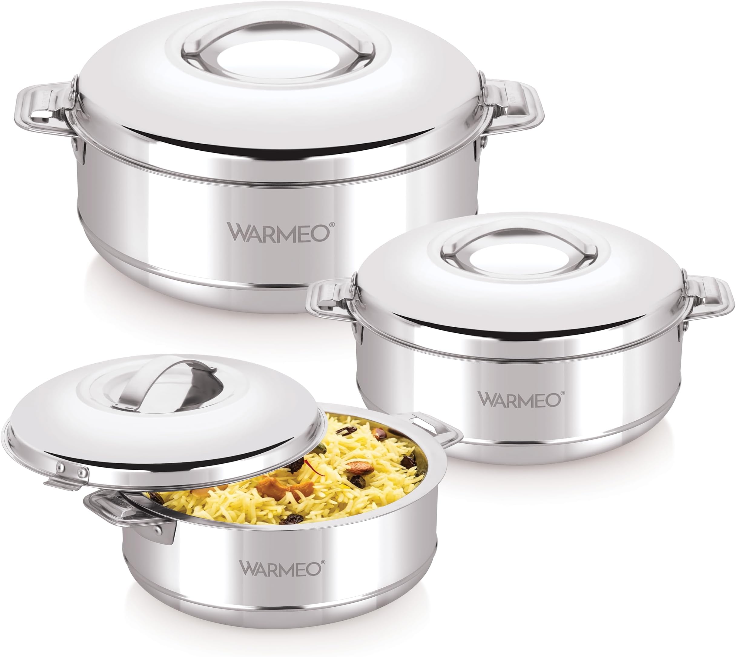 WARMEO Steam Insulated Stainless Steel Casseroles| Easy to Carry Hot Boxes for Kitchen | Hot Food, Easy to Store| Silver| Set of 3 (500,1000,1500ml)