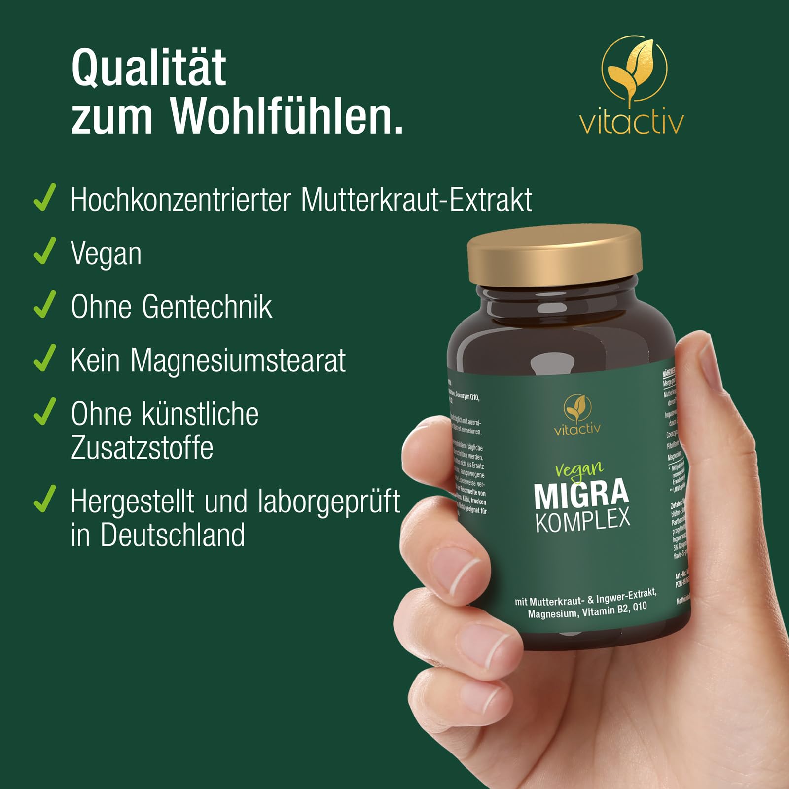 VITACTIV Migra Komplex - 90 Mutterkraut Kapseln für Kopf Balance - Plus Ingwer Extrakt, Magnesium, Coenzym Q10, Vitamin B2 - Produziert & Laborgeprüft in Deutschland - Vegan, Ohne Künstliche Zusätze