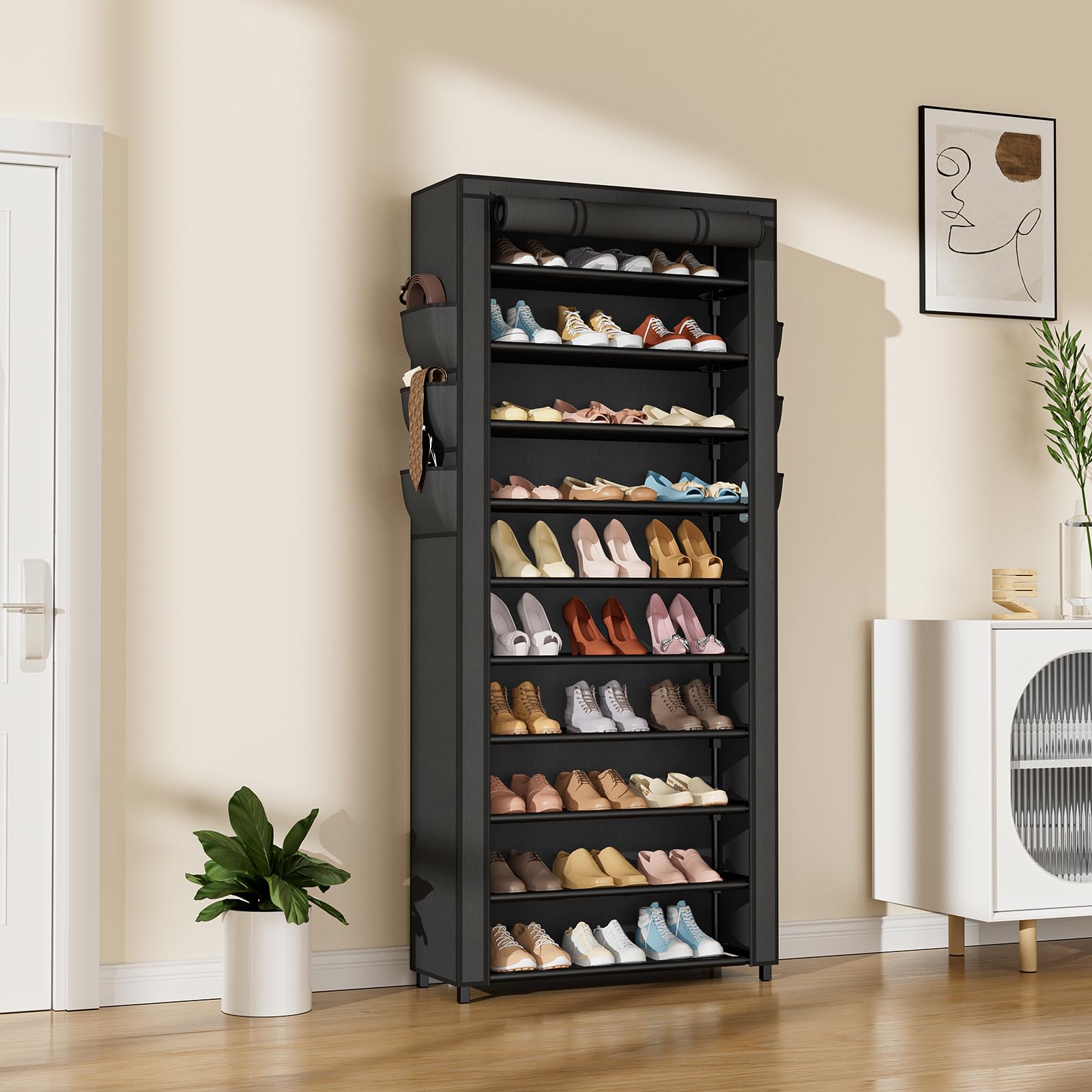 Vicye Zapatero de Tela de 11 Niveles, Armario Zapatero Alto para 36-41 Pares de Zapatos, Estrecho y Alto con Cubierta Antipolvo, Ideal para Entrada, Sala de Estar, Negro