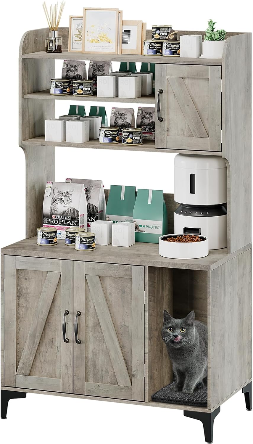 GarveeLife Cat Litter Box Enclosure with Shelves, Litter Box Cabinet, Hidden Cat Box Furniture with Scratching Mat, Wood Sturdy Cat Washroom Storage, Indoor Cat House,Grey