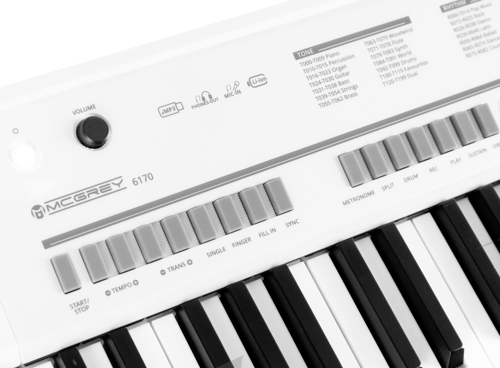 McGrey 6170 Akku-Keyboard Weiß Safety Fix Set, LC-Display, 200 Sounds | Einsteiger-Keyboard mit 61 Tasten in Standard-Größe, Integrierter Li Ion-Akku mit 1200 mAh, 200 Rhythmen, 70 Demo Songs, 5 cm