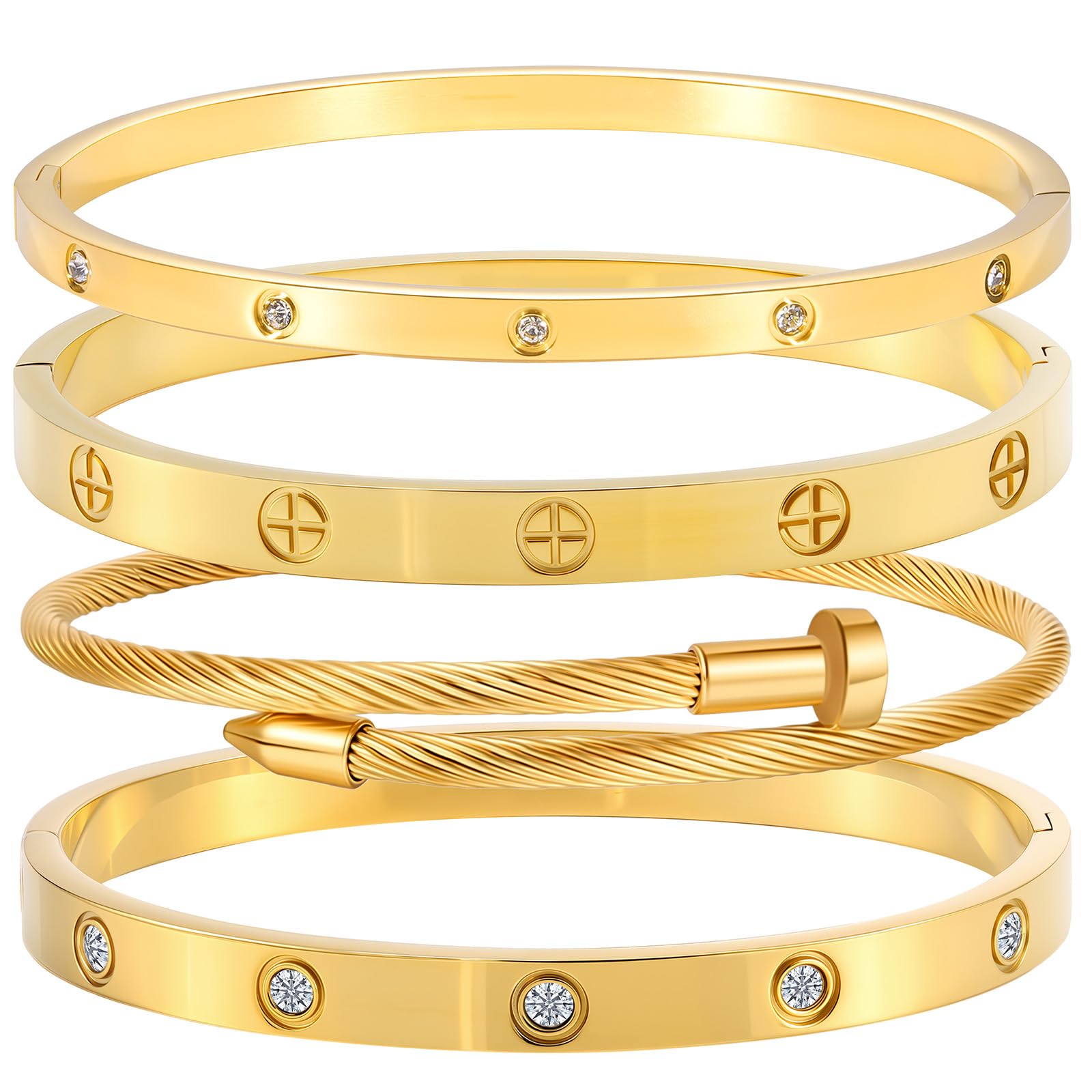 Stainless Steel Bangle Bracelet Set for Women - Silver/Gold Love Bangle Non Tarnish Jewelry with Sparkling Crystal Inlay for Love Gifts