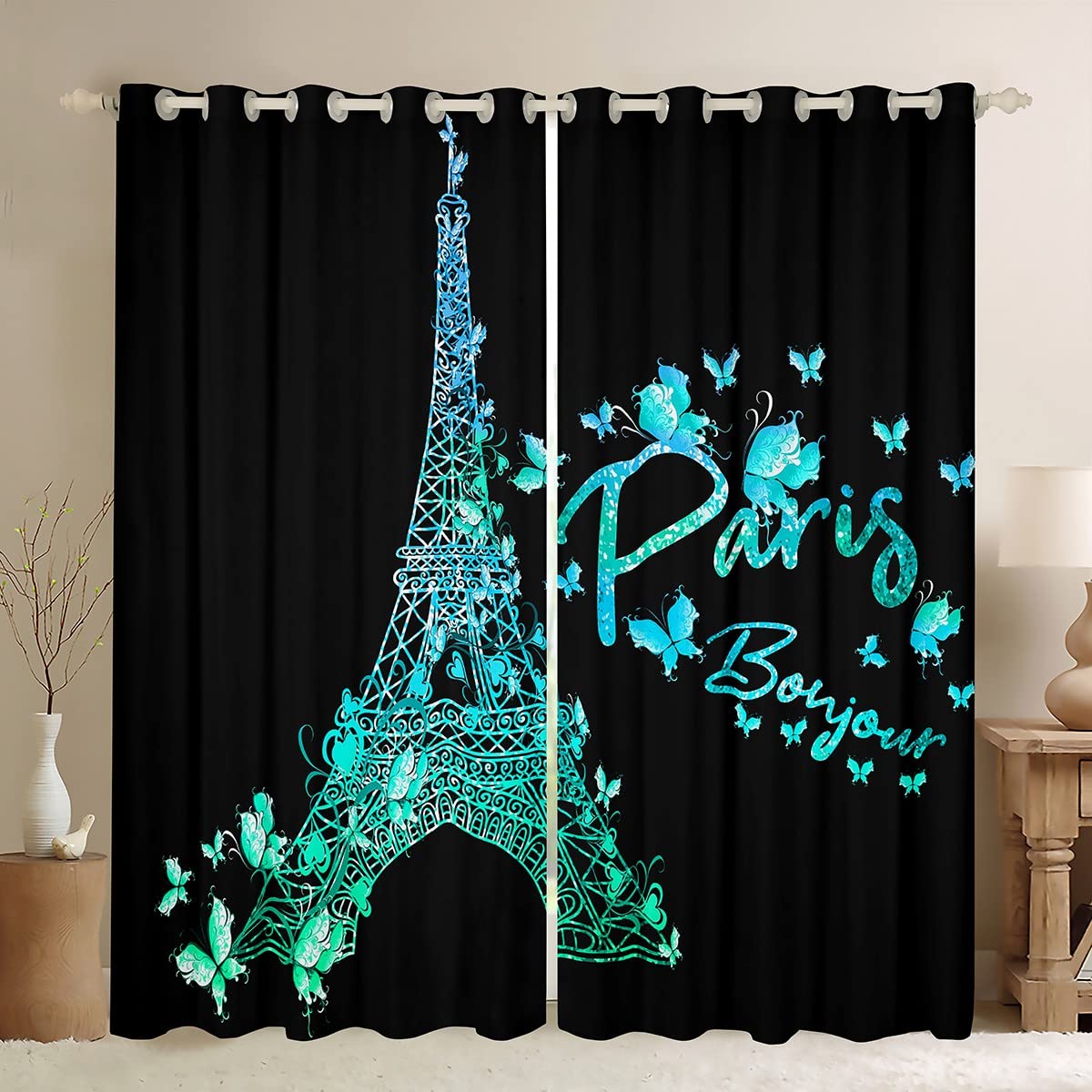Paris Eiffel Tower Curtains Girly Teal Blue Glitter Window Curtains for Bedroom Living Room for Kids Boys Girls Butterfly Window Drapes Famous City Scene Decor Window Treatments 42W X 84L?2 Panels