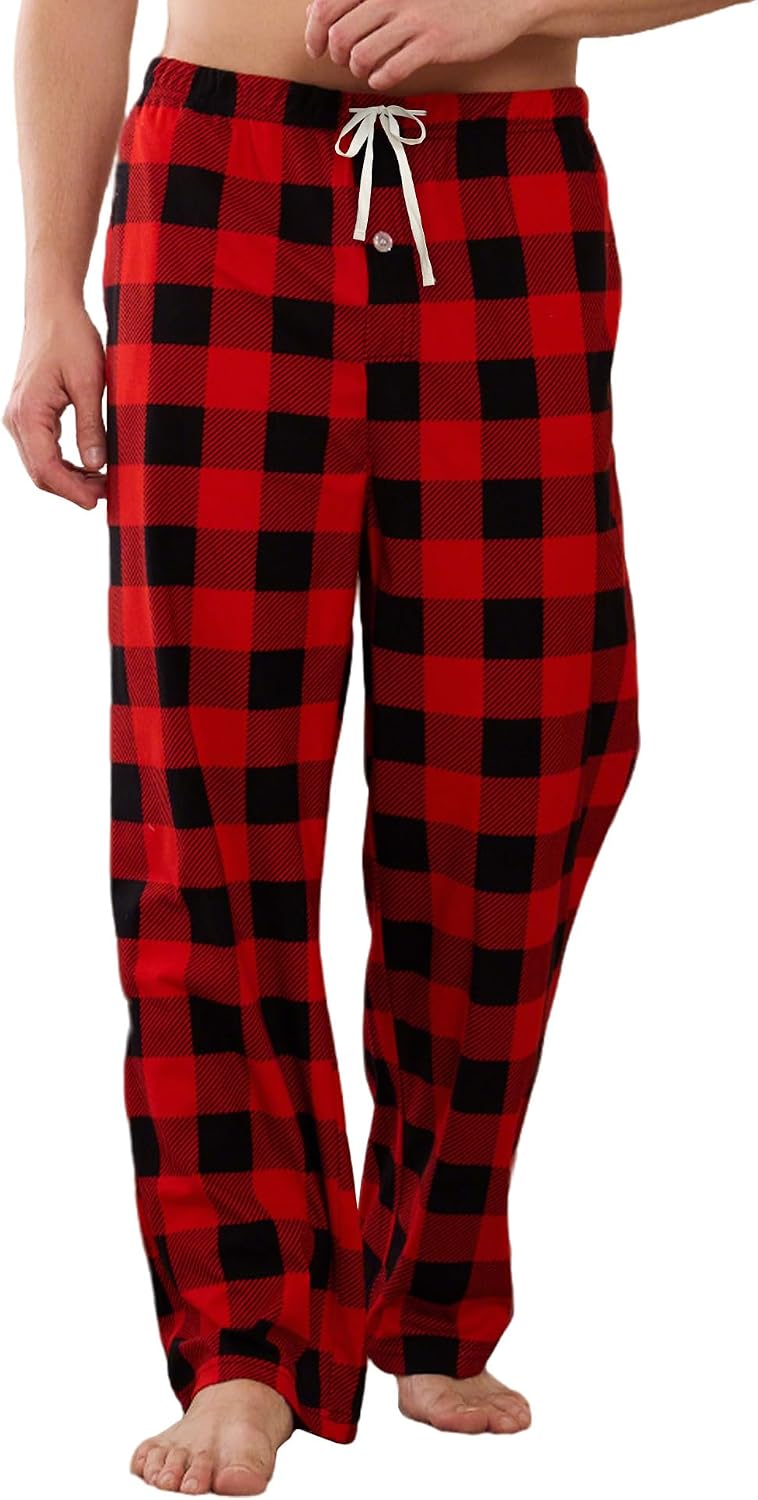 Vulcanodon Mens Soft Plaid Pajama Pant, Fleece Lightweight Sleep Lounge Bottoms with Pockets and Button Fly