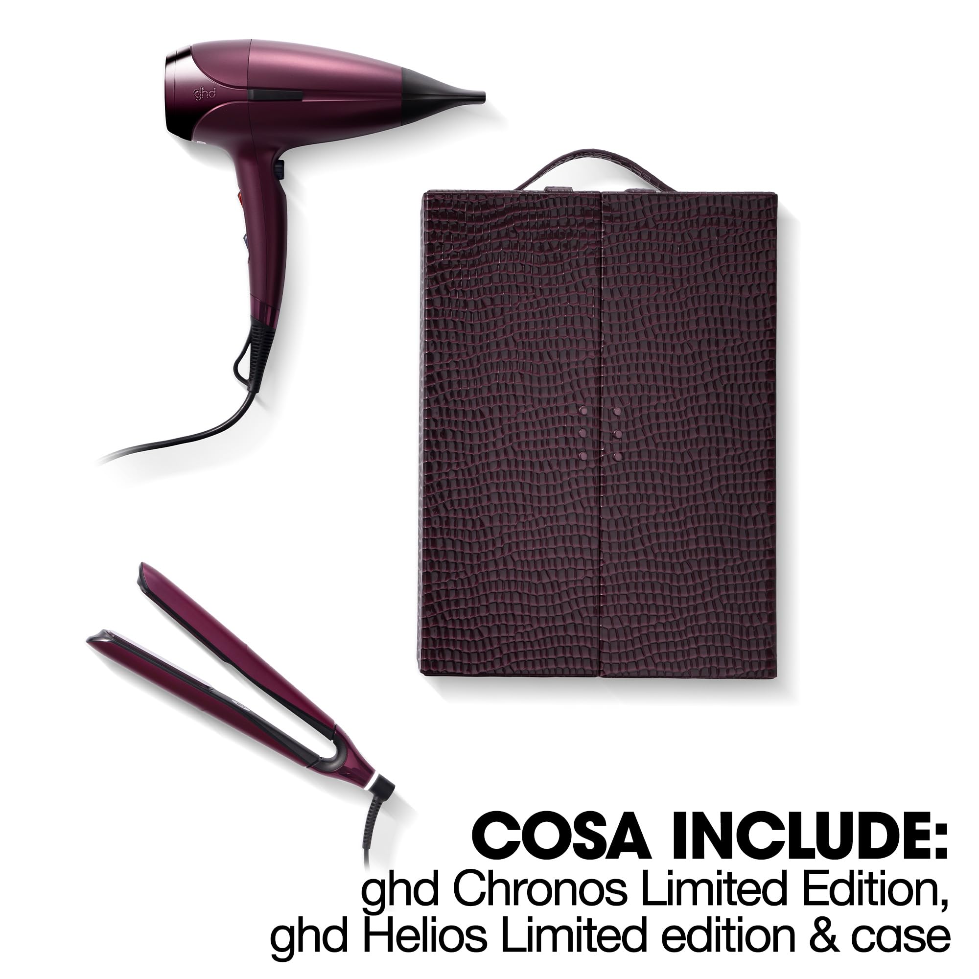 ghd Set Regalo Chronos & Helios Cherry Chic, Include Piastra per Capelli HD Motion-Responsive e Asciugacapelli Professionale in Tonalità Rosso Ciliegia, con Elegante Cofanetto Viaggio