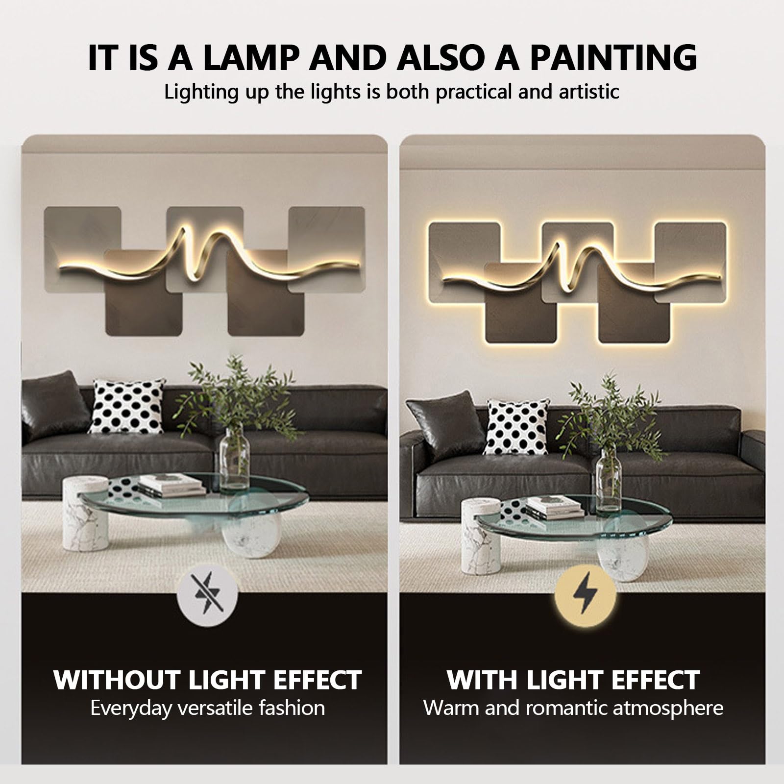 Rzeźby ścienne 3D, dekoracyjne malarstwo, podświetlane LED rzeźby do pokoju, duże dekoracje ścienne, do sypialni, salonu, korytarza, wejścia(Gold a,50 * 110cm)