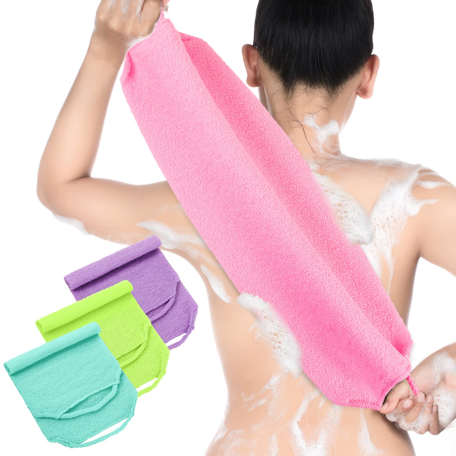 Moukeren Exfoliating Back Scrubber with Handles 4 Pack Nylon Back Exfoliator Extended Length Washers Scrubbers Stretchable Pull Strap Exfoliating Washcloth(Pink,Blue,Fluorescent Green,Purple)