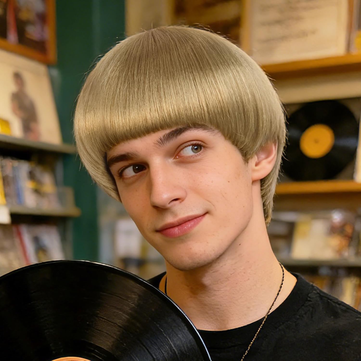 JoneTing Short Blonde Mushroom Wig【+Hair Cap】 Bowl Cut Wigs 60s Men Wigs Short Blonde Funny Wig for Man Blond Bob Hair With Bang for Christmas Cosplay Costume for Halloween Party Outfit