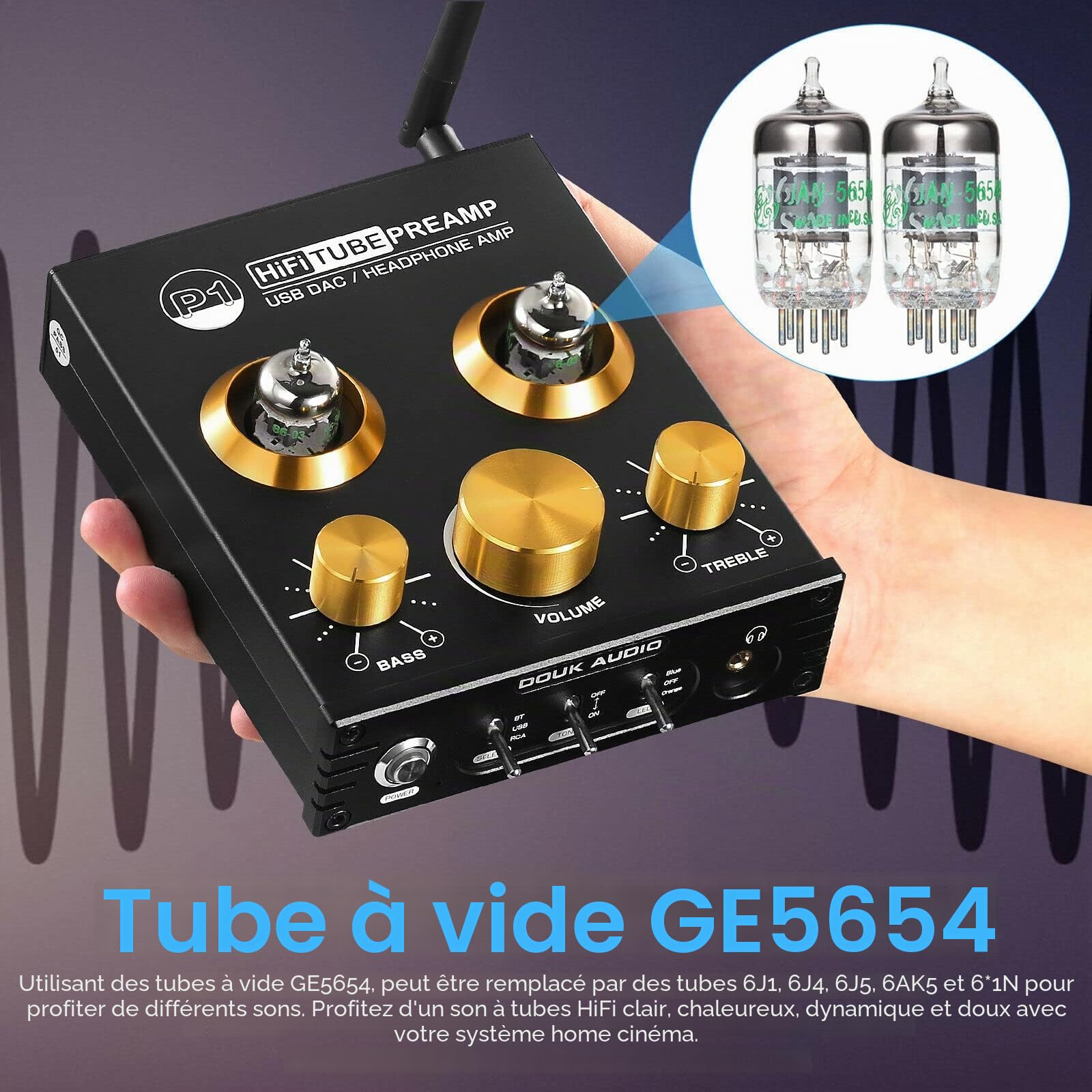 Douk Audio Préamplificateurs Hifi à tubes - Bluetooth 5.0 aptX - Sortie USB, DAC - Amplificateur de casque