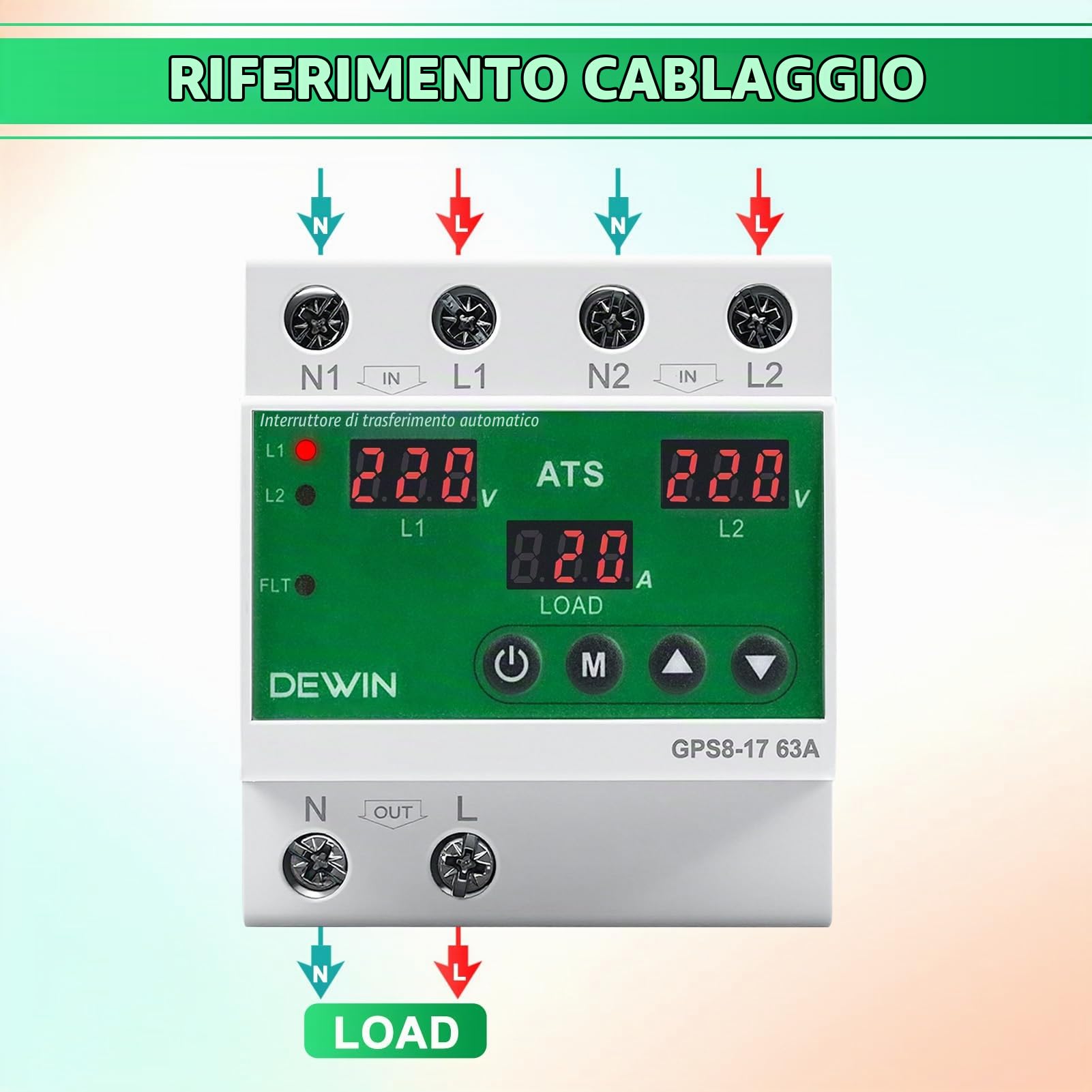 Commutatore di Rete Automatico,ATS 63A AC220V Interruttore di Trasferimento | Interruttore di Trasferimento Automatico con Display LED,Protezione da Sovratensione e Sottotensione Regolabili （GPS8-17）