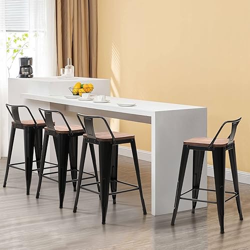 Miniatura 10 de MASION Arts - Juego de 4 taburetes de bar de metal de 24 pulgadas de altura de asiento con respaldo bajo extraíble color blanco