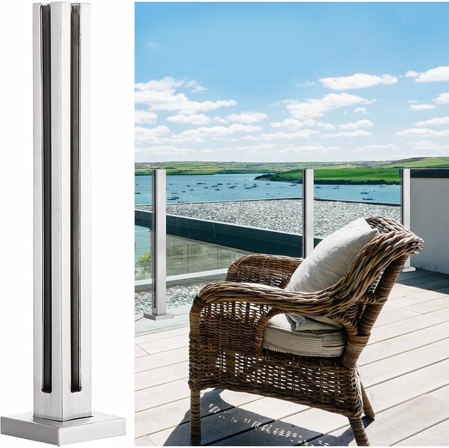 Silver Square Deck Railing Post for Glass 10/12mm, Heavy Duty Stainless