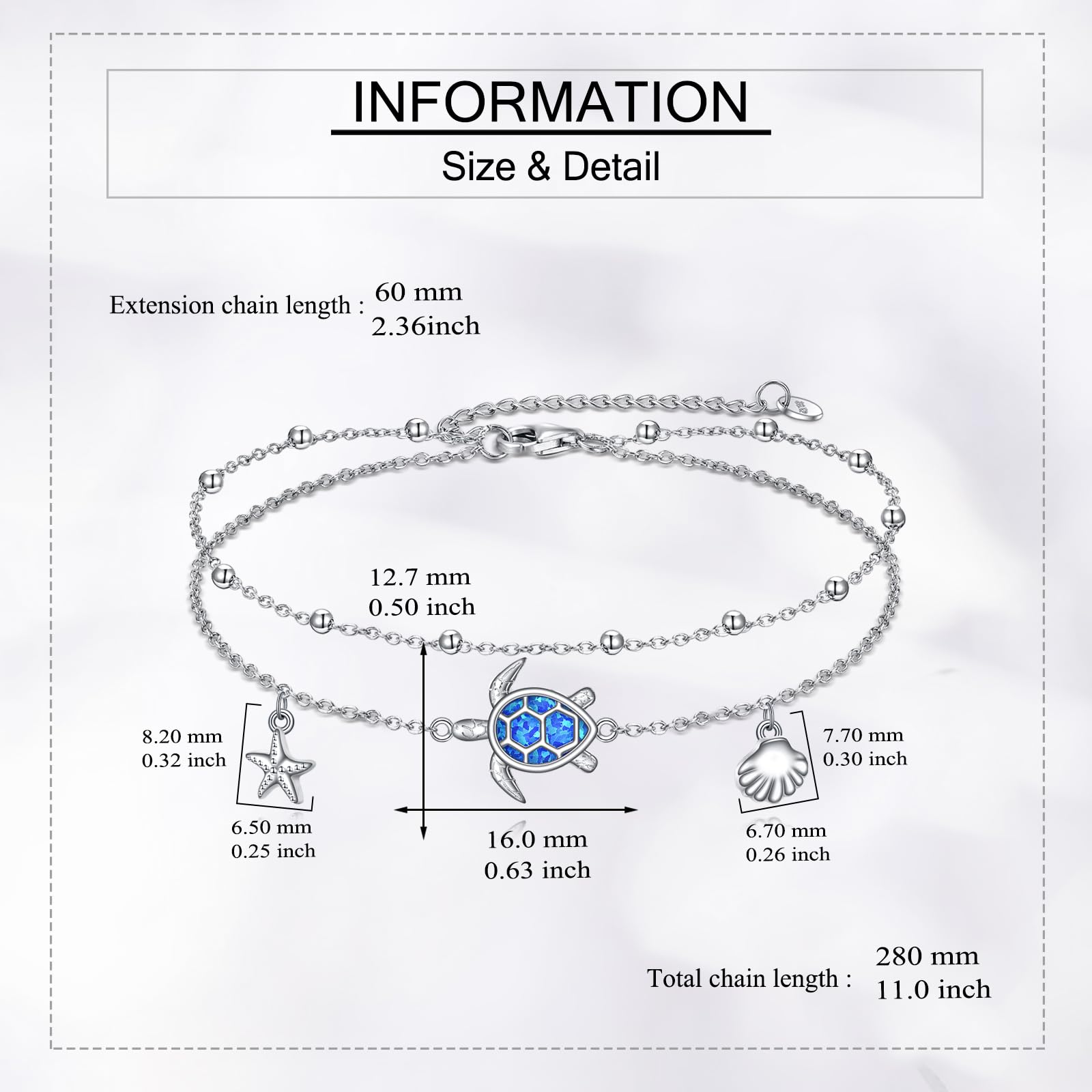 DAYLINLOVE Tobillera de tortuga de plata de ley 925 con estrella de mar, concha de mar, pulsera de tobillo ajustable para mujer, 9+2, Plata de ley, No es una piedra preciosa
