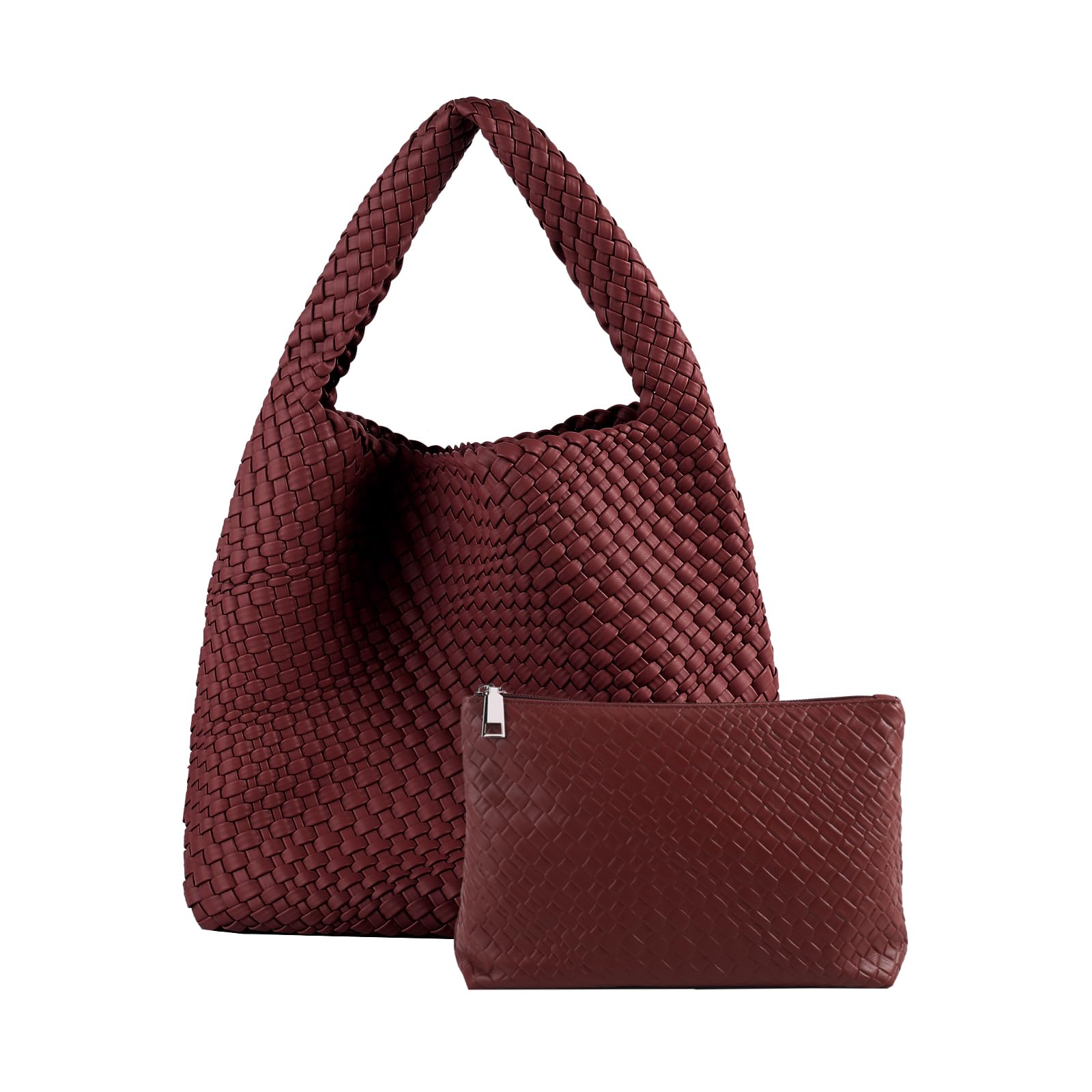 Women'S Woven Bags Purses Vegan Leather Hand Woven Handbags Tote Bag, Shoulder Bag, Top-Handle Bag, Versatile Underarm Bags In Burgundy