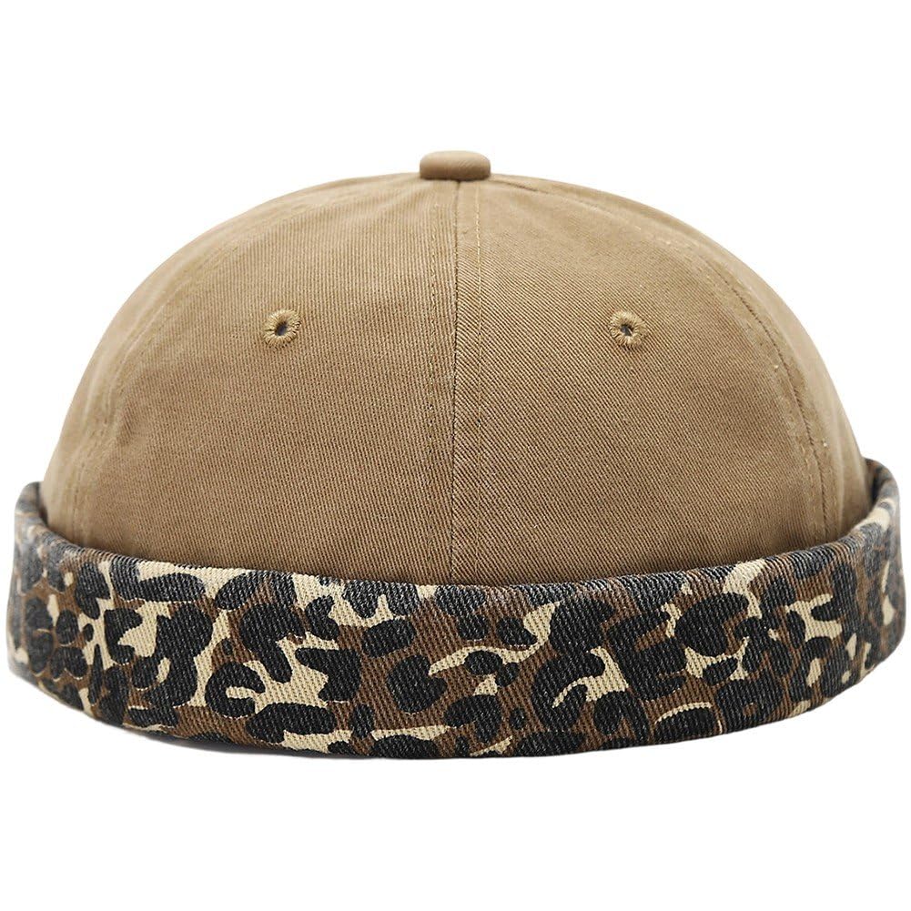 Sslvya Leopard Print Brimless Docker Cap, Retro Worker Sailor Hat Unisex Skull Cap Beanie with Rolled Cuff