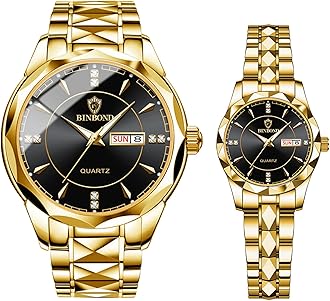 IbohevoCouple Watches Gift Set: His and Her Rhombus Quartz Analog Stainless Steel Luminous Hands Date 3 ATM Waterproof Business Casual Men Women Watch Sets