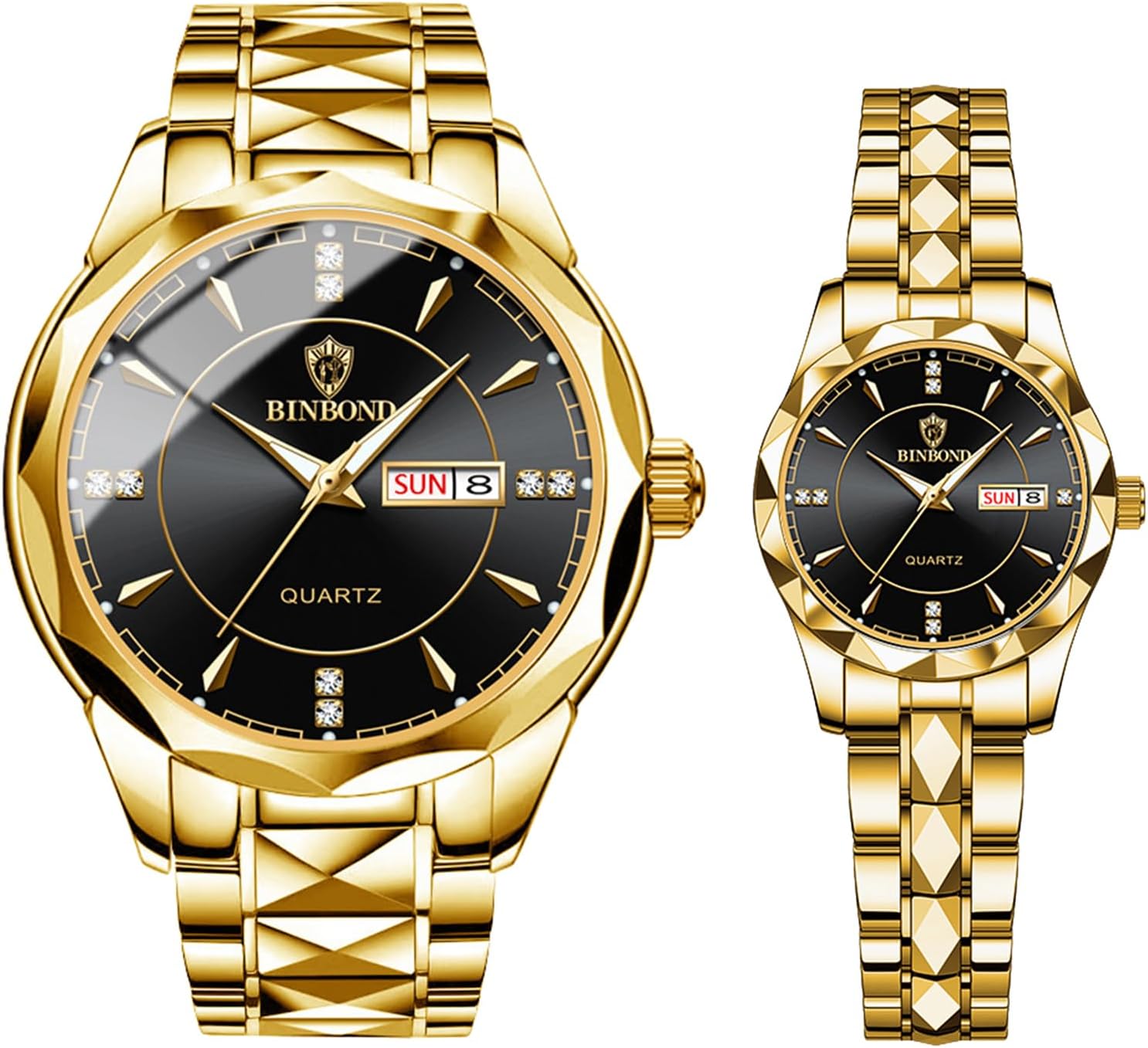 IbohevoCouple Watches Gift Set: His and Her Rhombus Quartz Analog Stainless Steel Luminous Hands Date 3 ATM Waterproof Business Casual Men Women Watch Sets