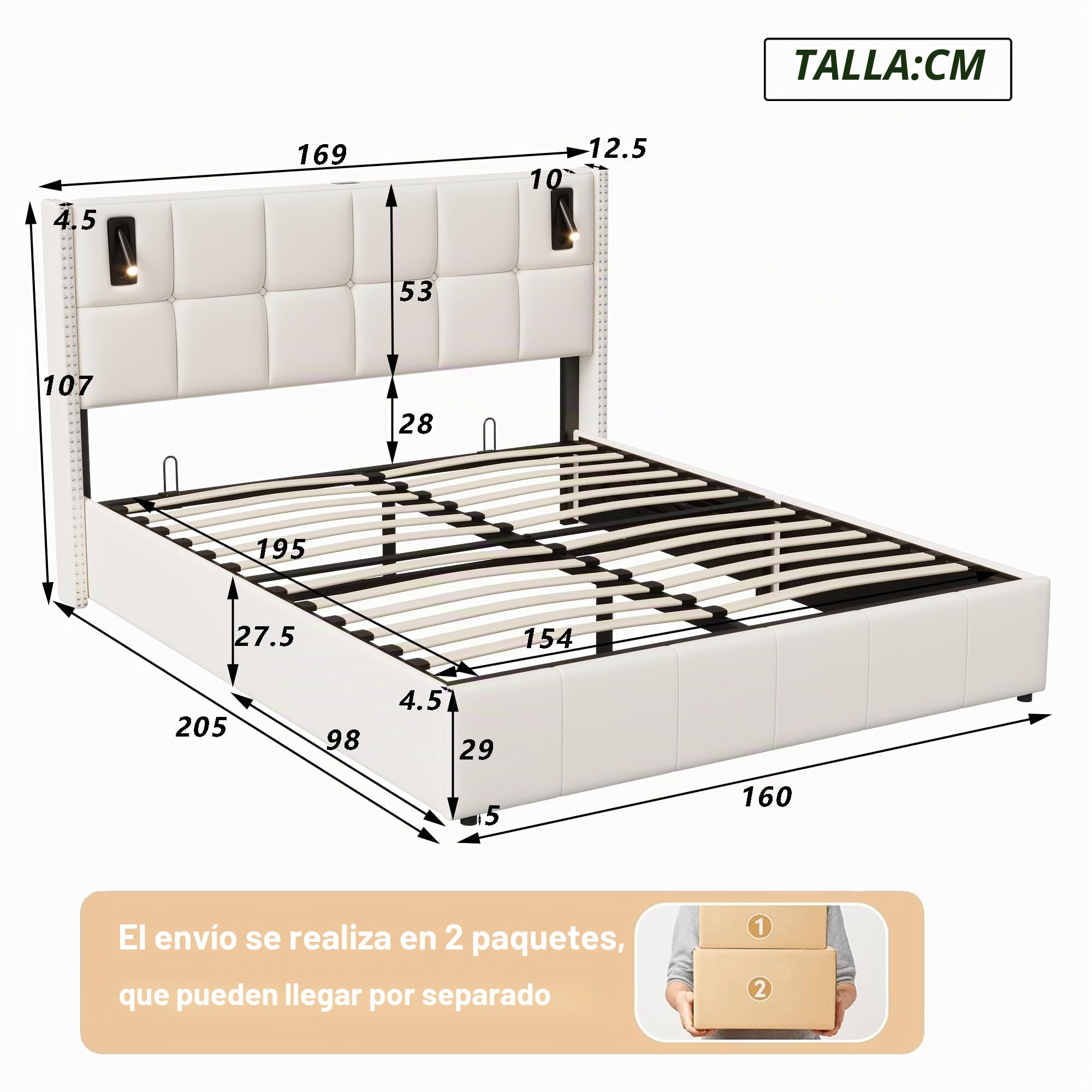 BRILVERDE Cama Tapizada 160x200 con Almacenamiento hidráulico, Cama matrimonial con lámpara de mesita, Cabecero Acolchado y Base de Láminas, Terciopelo (Beige, 160 x 200 cm)
