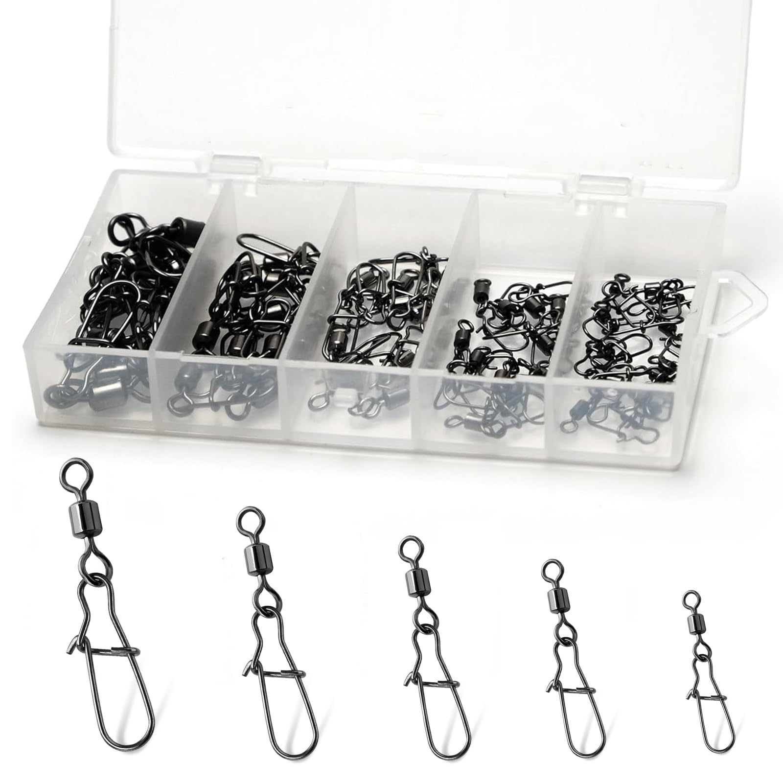 【50-Piece Set】Fishing Strong Snap-Attached Swivel Multi-Size Set Sea Fishing Fishing Tools Lure-Use Fishing Connector Case-Included Fishing Tackle Fishing Lure Snap Swivel 360-Degree Rotation Strong
