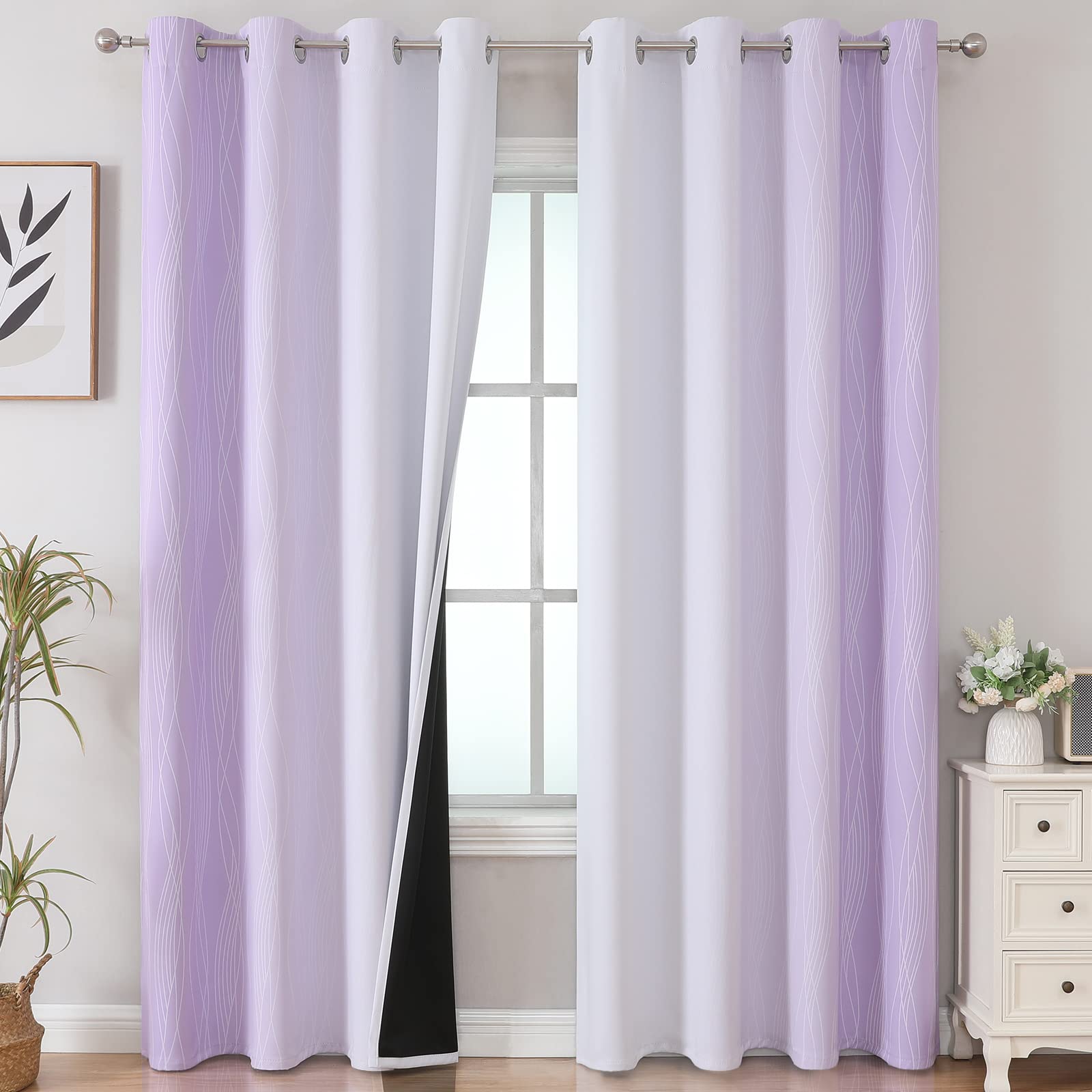 Estelar TextilerLilac and Greyish White Gradient Blackout Curtains for Bedroom, Thermal Insulated Ombre Blackout Drapes, Light Blocking Energy Saving Curtains for Living Room,52Wx84L,2 Panels