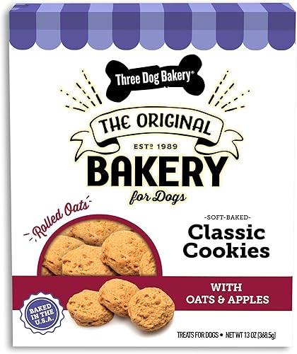 Three Dog Bakery Galletas clásicas horneadas suaves con avena y manzana, golosinas prémium para perros, caja de 13 onzas (114334) disponible en Yaxa Peru