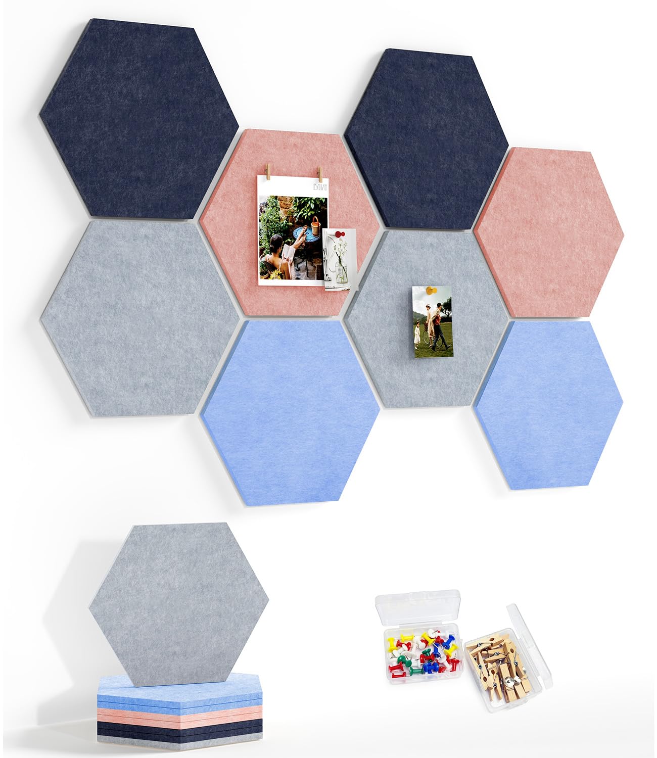 Uoisaiko 8 Pack Large Felt Hexagon Bulletin Board, Self-Adhesive Pin Board for Home Office Decor, Cork Board Alternative for Memo Photos with 30 Pins & Clips