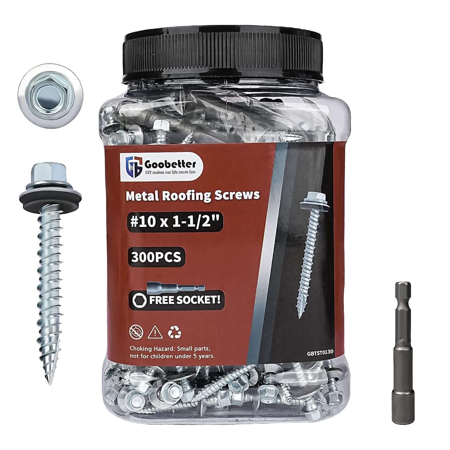 Metal Roofing Screws 1-1/2" Galvanized Hex Head Sheet Metal Screws, Metal to Wood Siding Screws, Self Tapping Screw with EPDM Washer for Corrugated Roofing (300Pcs)