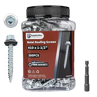 Metal Roofing Screws 1-1/2" Galvanized Hex Head Sheet Metal Screws, Metal to Wood Siding Screws, Self Tapping Screw with EPDM Washer for Corrugated Roofing 300Pcs