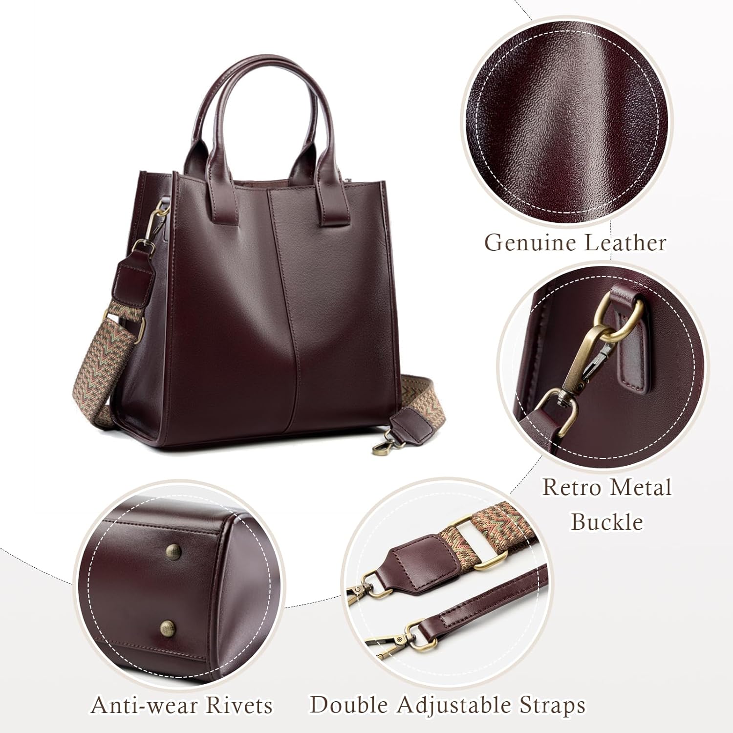 Work Tote Bags for Women, Genuine Leather Shoulder Handbags Teacher Bag, Crossbody Purse with 2 Adjustable Straps - Image 5