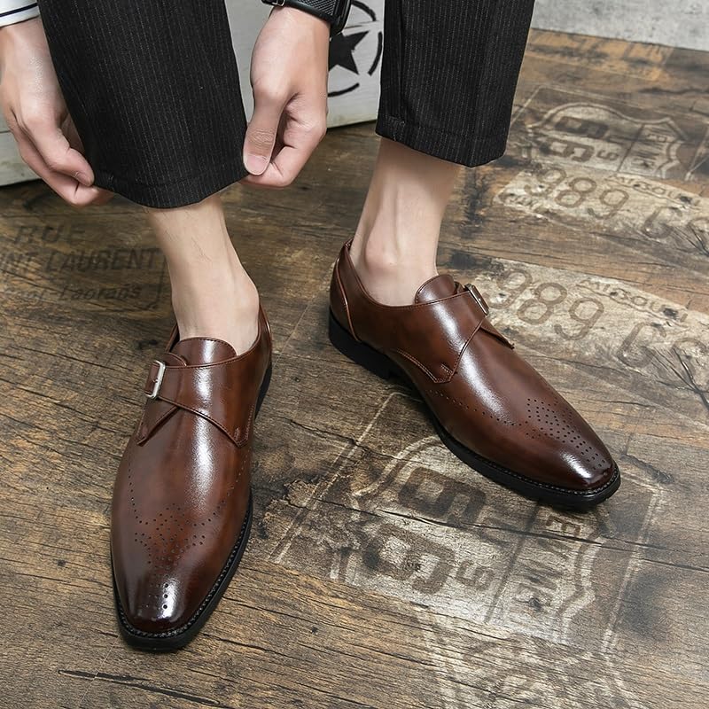 Formal Dress Shoes for Men Slip On Square Toe PU Leather Burnished Toe Monk Strap Slip Resistant Block Heel Non Slip Walking2